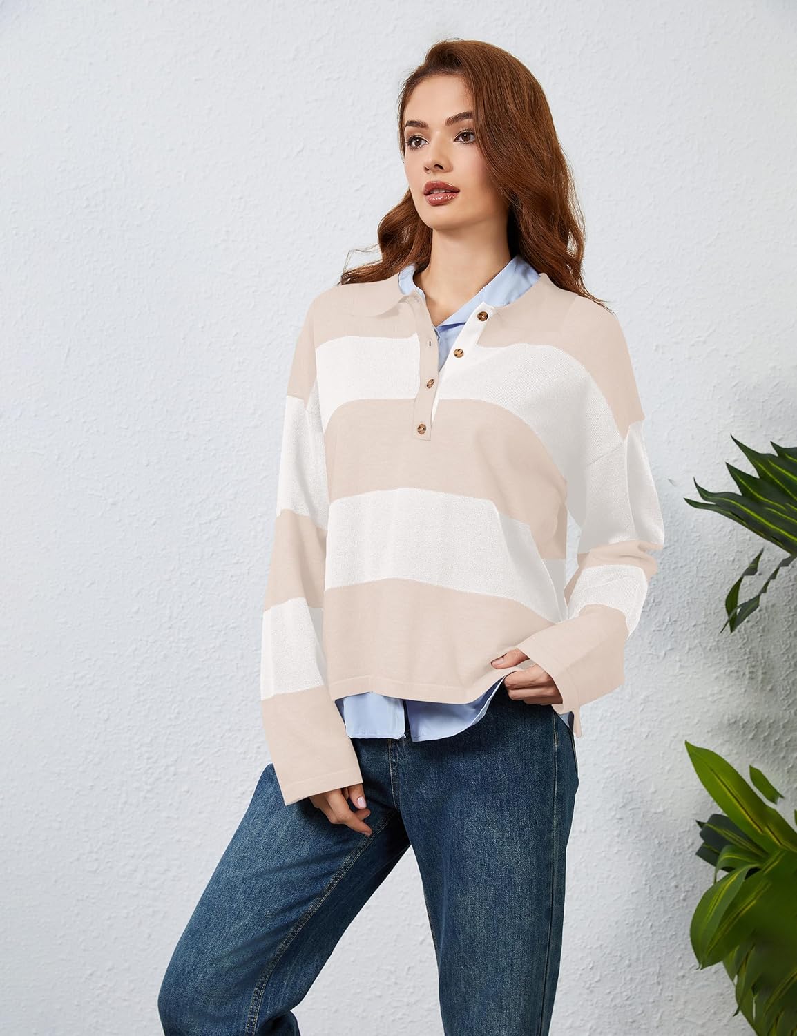 Womens Striped Sweater Shirts Lapel Polo V Neck Long Sleeve Strip Knit Pullover Casual Layer Top Jumper Y2K Shirt - Image 8