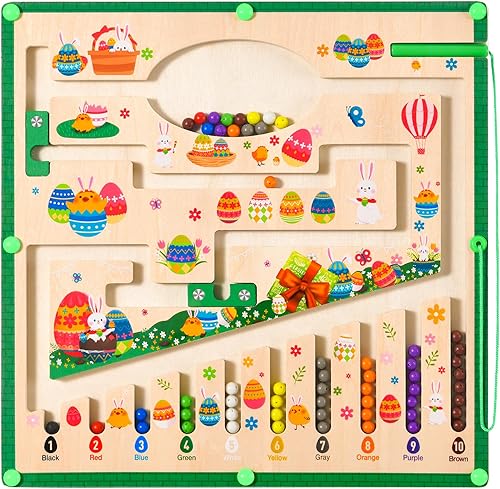 Laberinto magnético de color y números, rellenos de cesta de Pascua para niños y niñas, juguetes Montessori de madera a juego de colores,