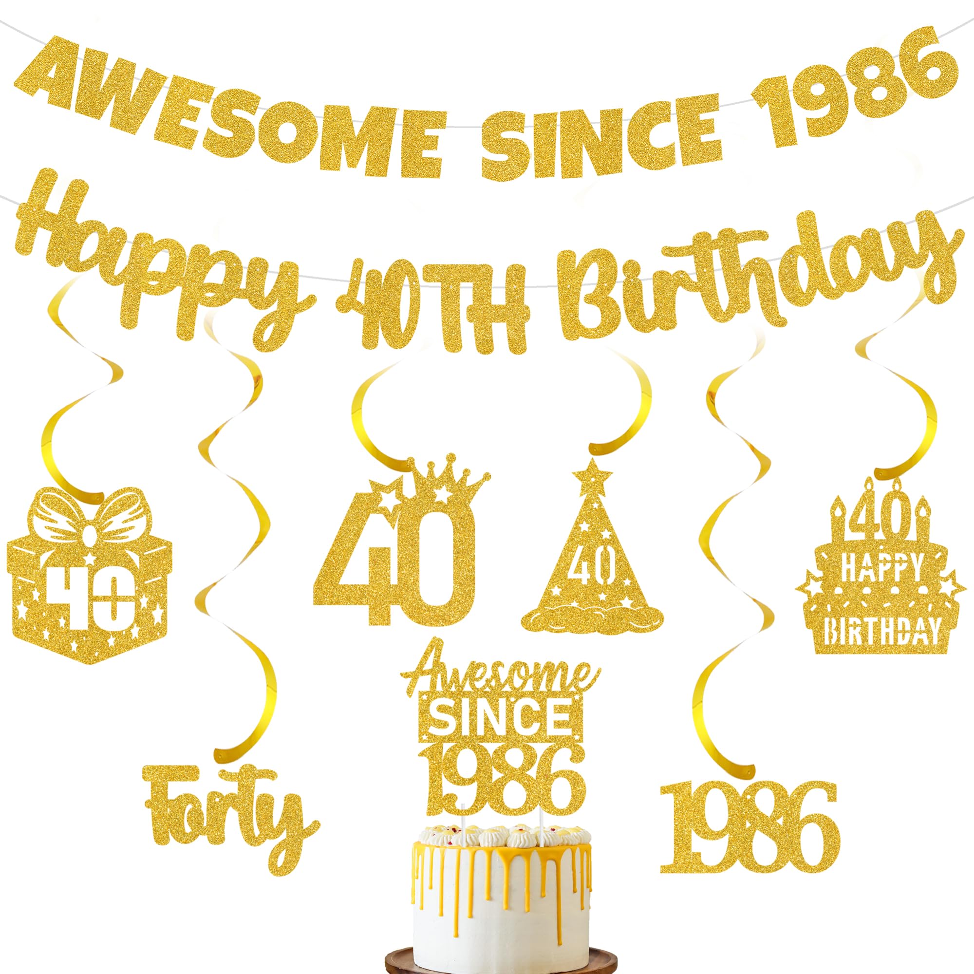 Gold Glitter 40th Birthday Banner - Awesome Since 1986 Decorations with Hanging Swirls and Cake Topper, Party Supplies for Women and Men 40 Year Old Celebration