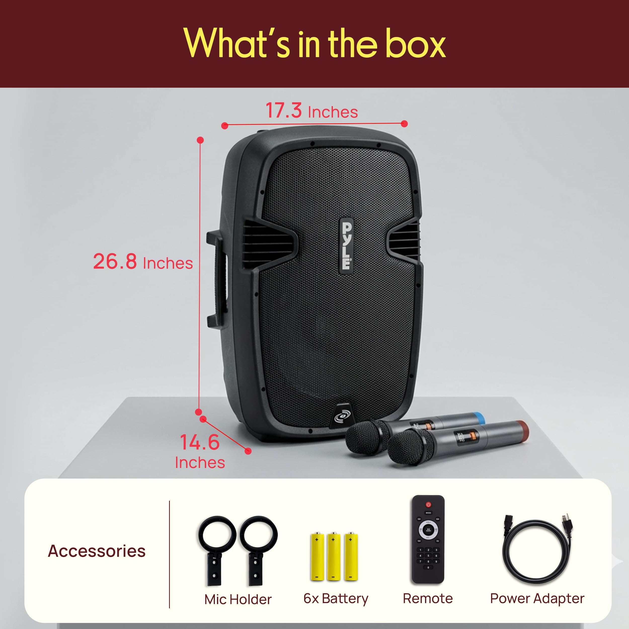 Pyle Enceinte Bluetooth Puissante,1600W, Enceinte Active Karaoke, Haut Parleur Portable avec Batterie Rechargeable,Roues de Transport Pratiques, USB MP3 RCA, Radio FM, 2 Microphones UHF,Télécommande