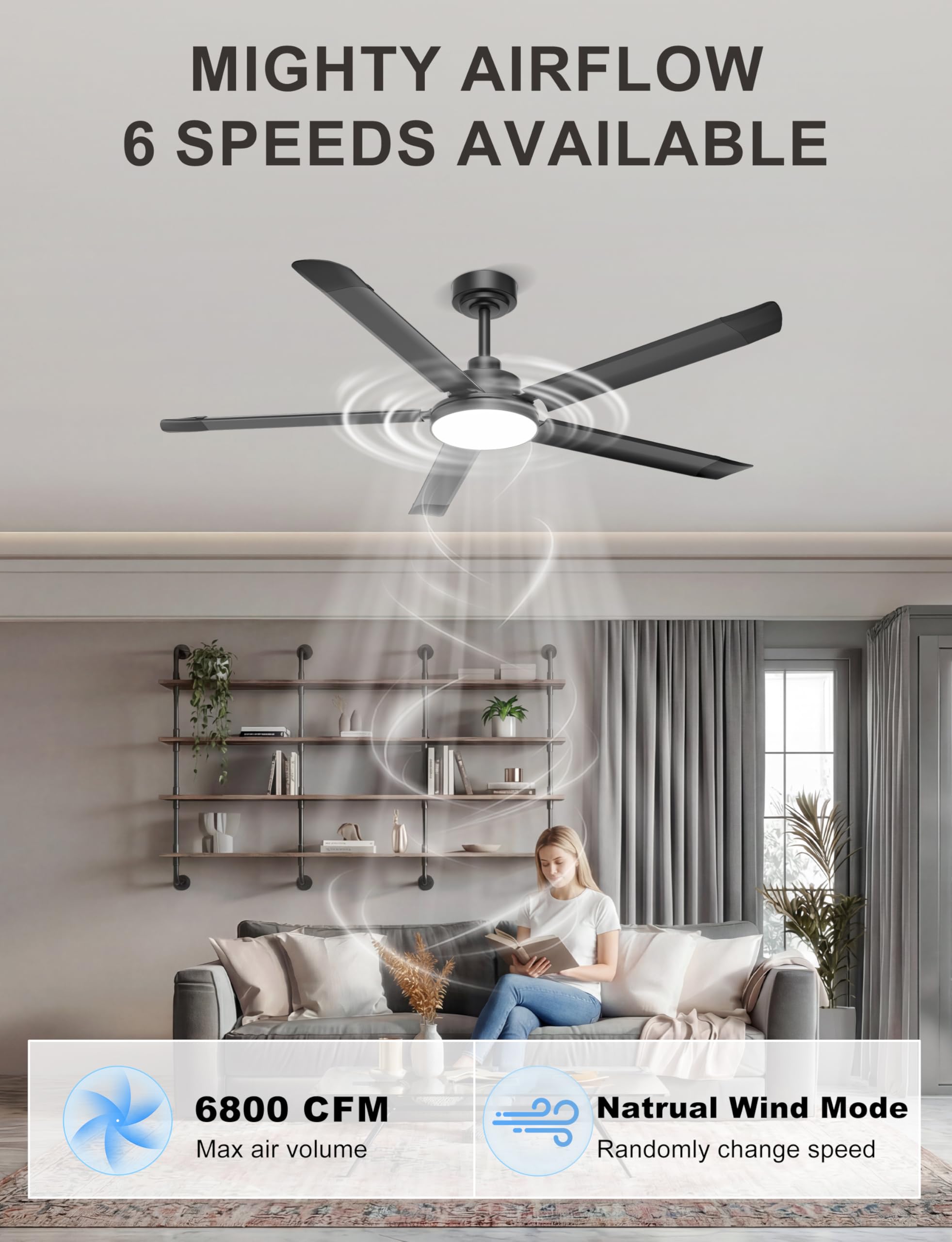 Ohniyou 60'' Ceiling Fan with Lights, Industrial Ceiling Fan with 5 Aluminum Blades, App/Remote Controlled, Dimmable, for Outdoor Patio, Living Room, Black - 3