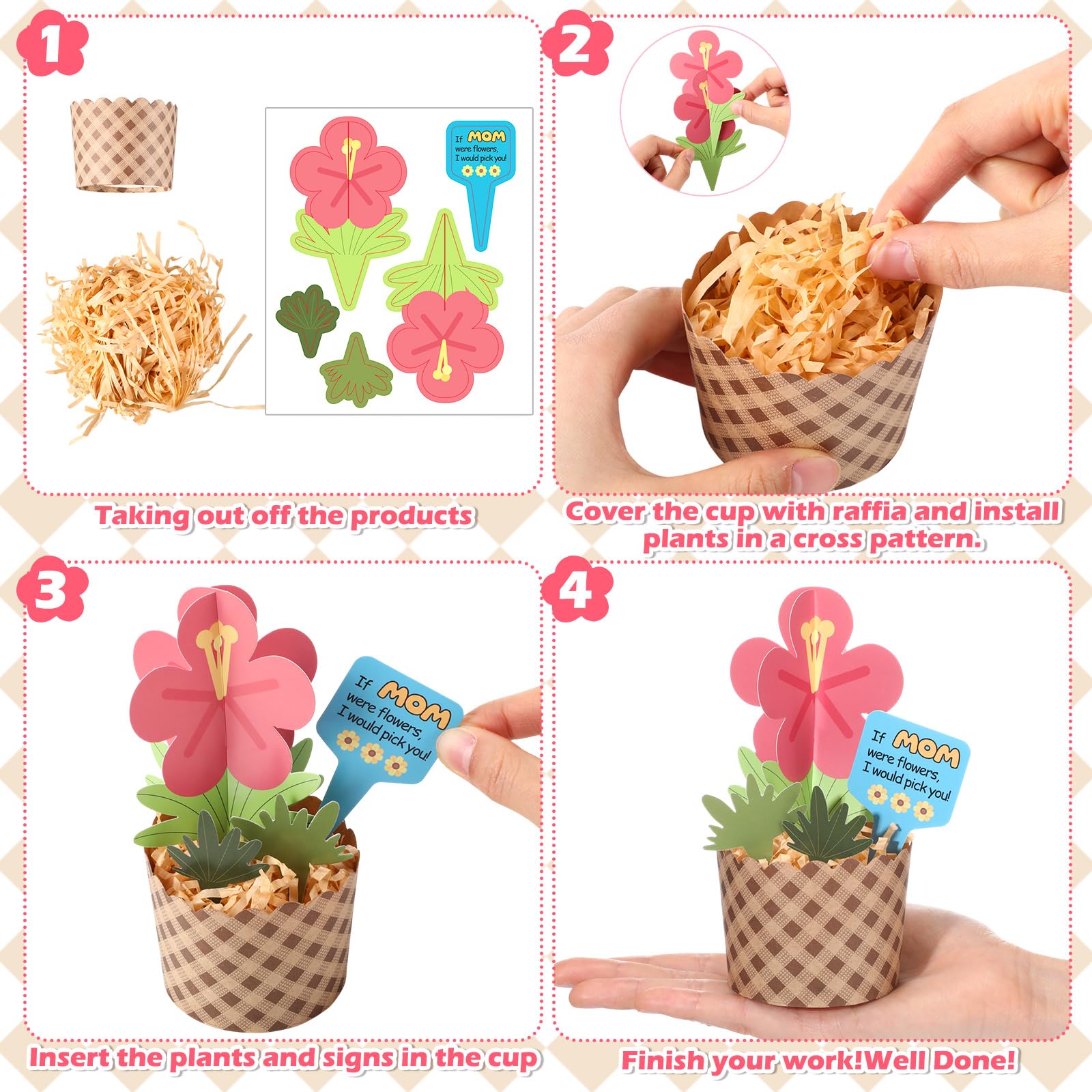 Motipuns 30 set per la festa della mamma, kit di artigianato con fiori, bouquet di fiori sfusi, con bicchieri di carta a quadri kraft, per festa della mamma, scuola, attività divertenti, fai da te