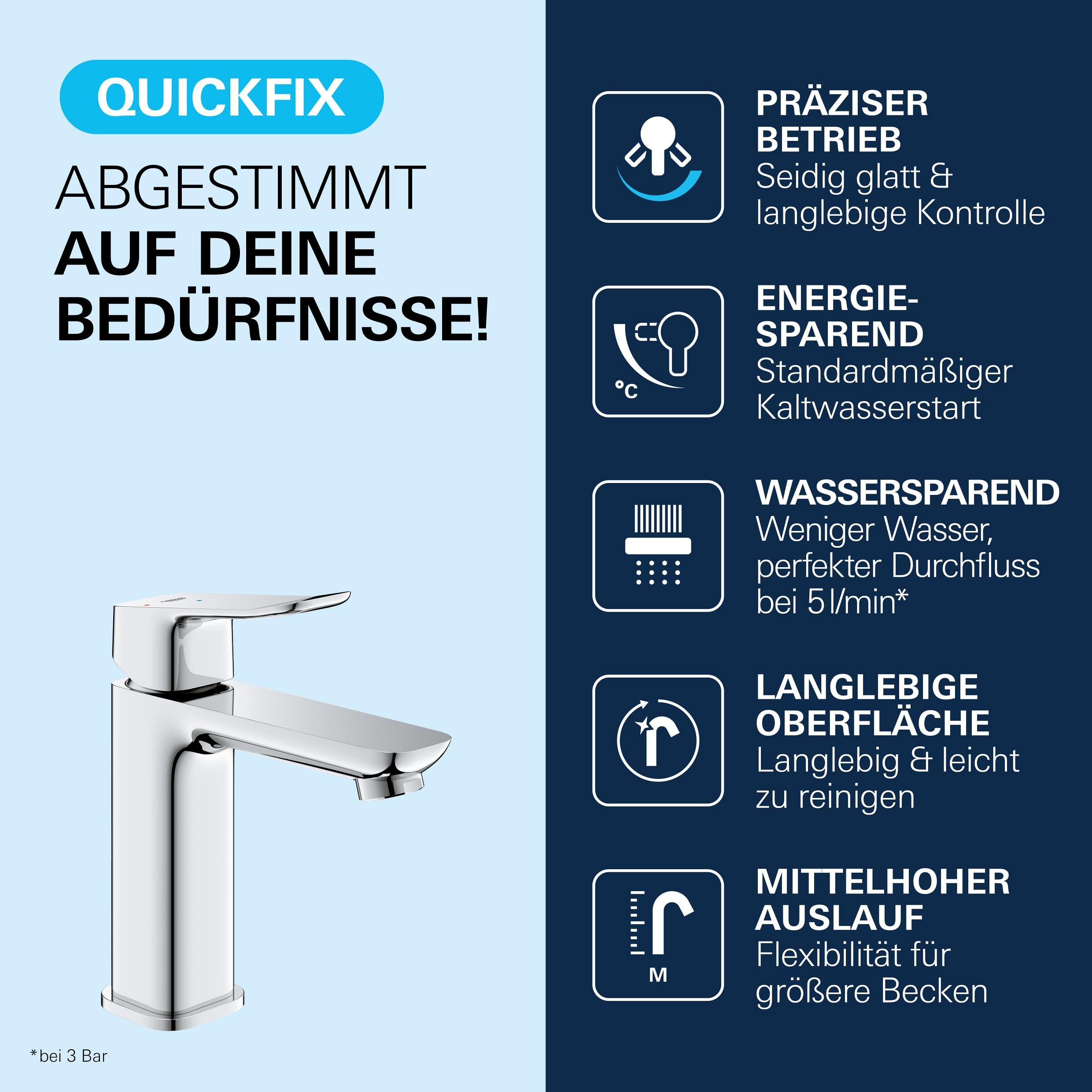 GROHE Dice, energiesparende Waschtischarmatur, Kaltwasser in Mittelstellung (Wasserhahn für das Bad, 17cm hoch, mit Push-Open Ablauf, inkl. 3in1 Werkzeug, einfache Installation), chrom, 1018360000