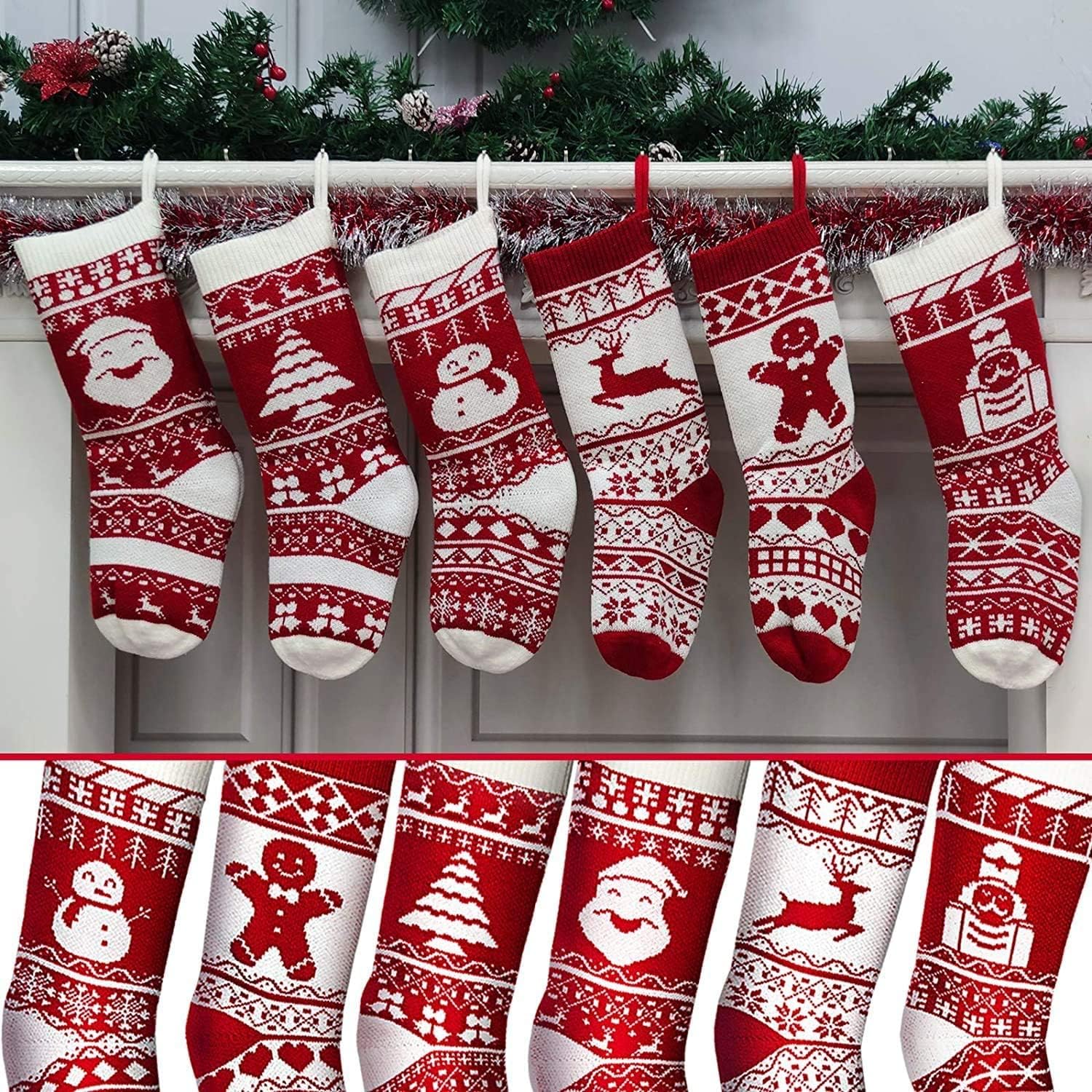 TURNMEON 6 Pack 18" Large Christmas Stockings Decorations Personalized Hanging Stocking Knit Funny Santa Snowman Reindeer Gingerbread Solider Fireplace Xmas Tree Holiday Decor, Burgundy Ivory White