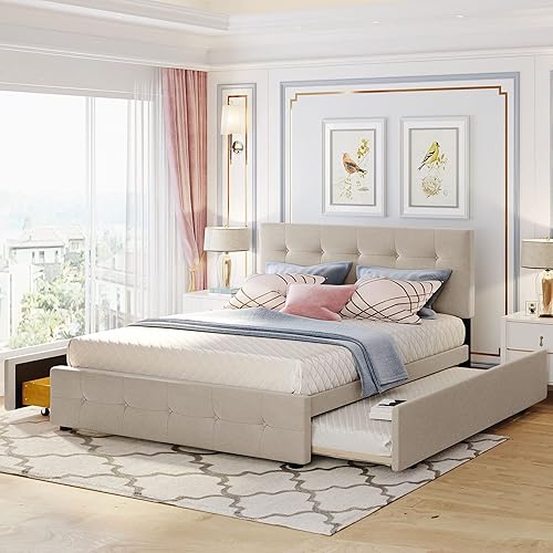 SIYSNKSI Moderna cama de plataforma de tamaño Queen con 2 cajones y 1 nido individual XL marco de cama tapizado con listones de madera y cabecero disponible en Yaxa Guatemala