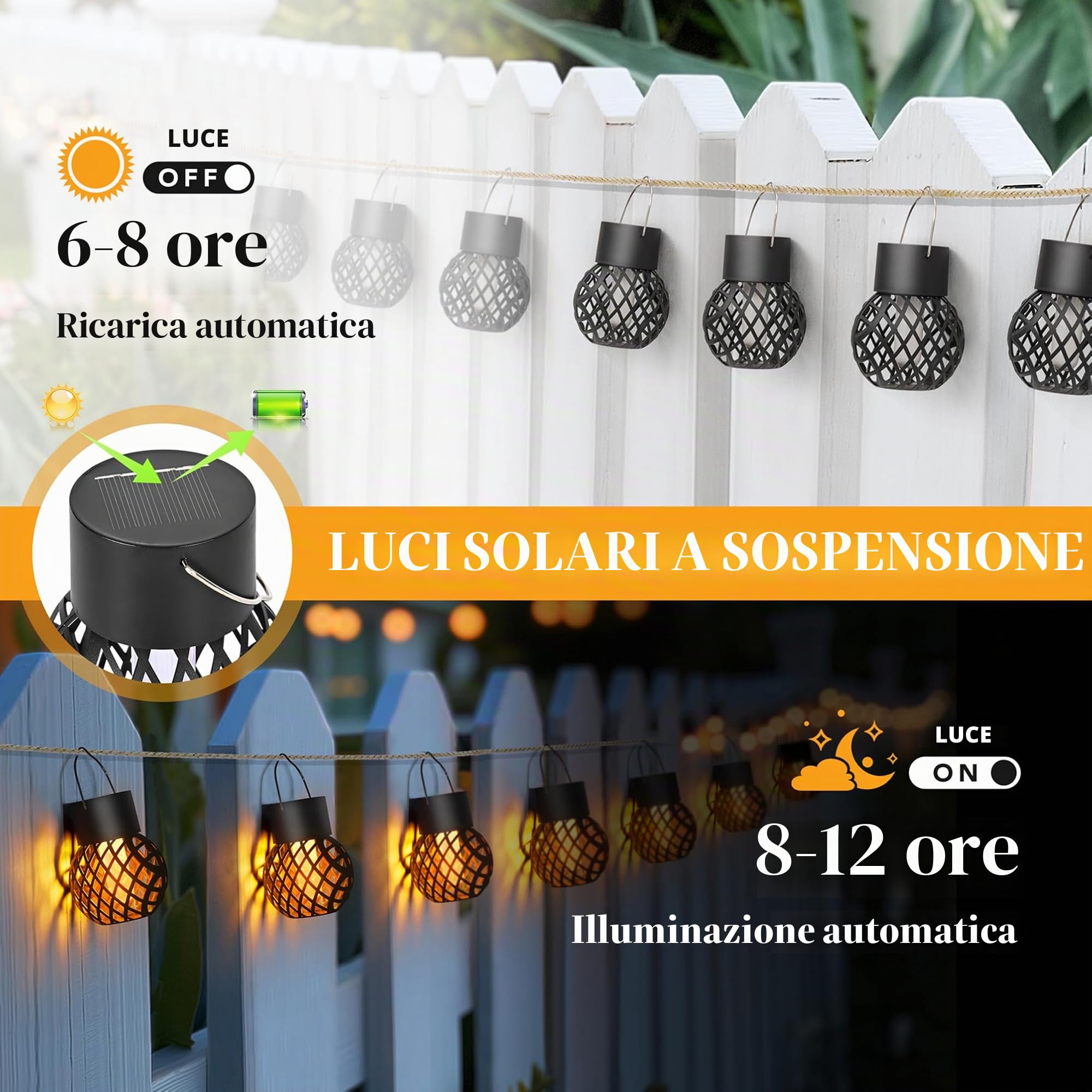 GIGALUMI Confezione da 12 luci solari a sospensione, a energia solare, impermeabili, per giardino, cortile, recinzione, albero
