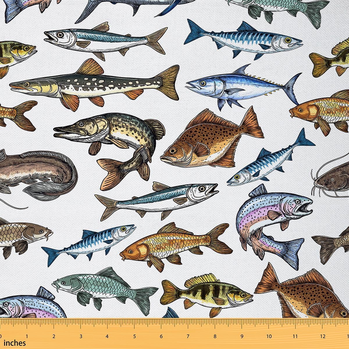 Fish Upholstery Fabric, Ocean Animal Fabric by The Yard, Wild Sea Fish Decorative Fabric, Coloured Fishing Indoor Outdoor Fabric, DIY Art Waterproof Fabric for Quilting Sewing, Brown Blue, 5 Yards