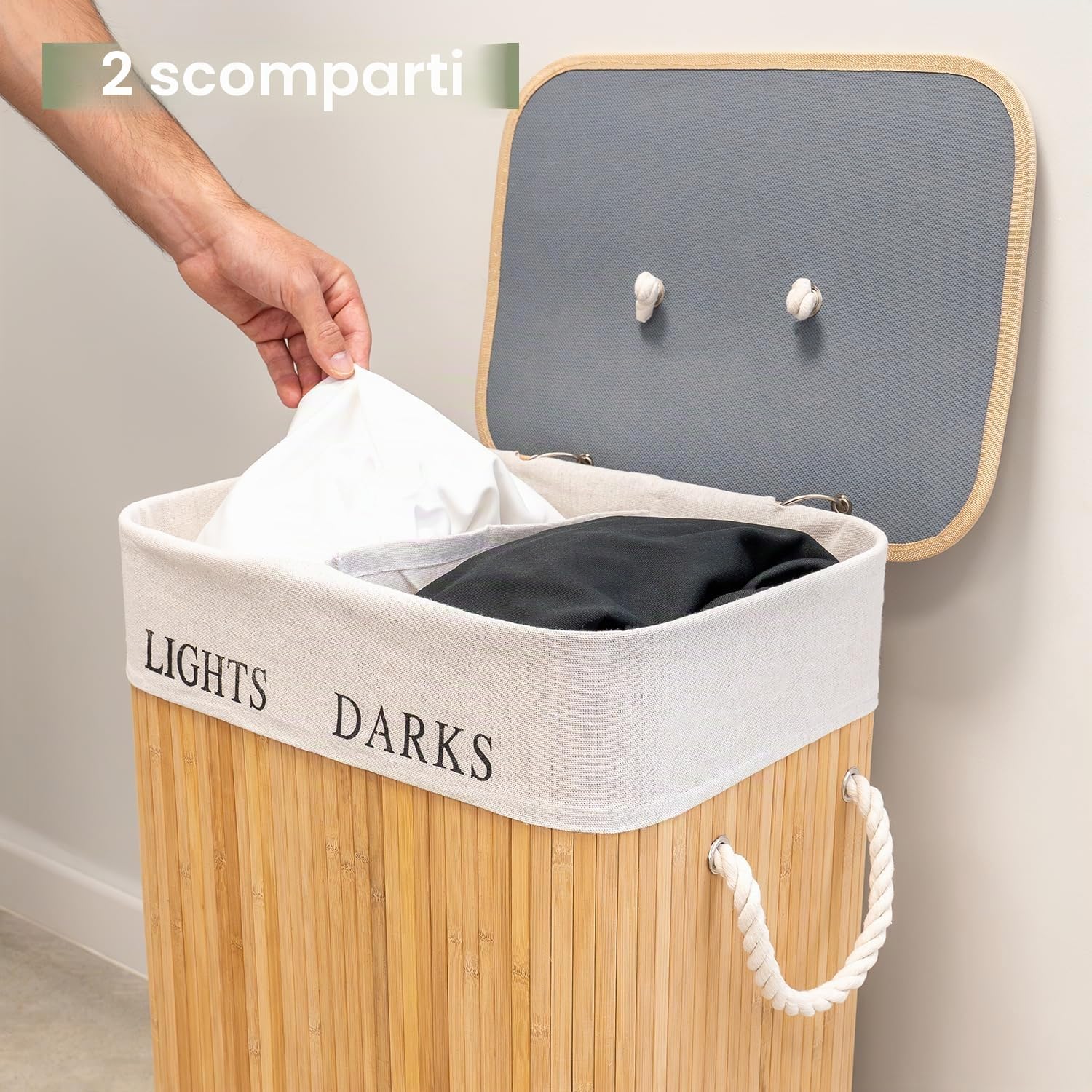 edihome, Cesto Portabiancheria 2 Scomparti, Cesta Panni Sporchi, Sporca, 72 litri, Cestino con coperchio, secchio, Laundry Basket, pieghevole, borsa lavabile estraibile, manici, in bambù (naturale)