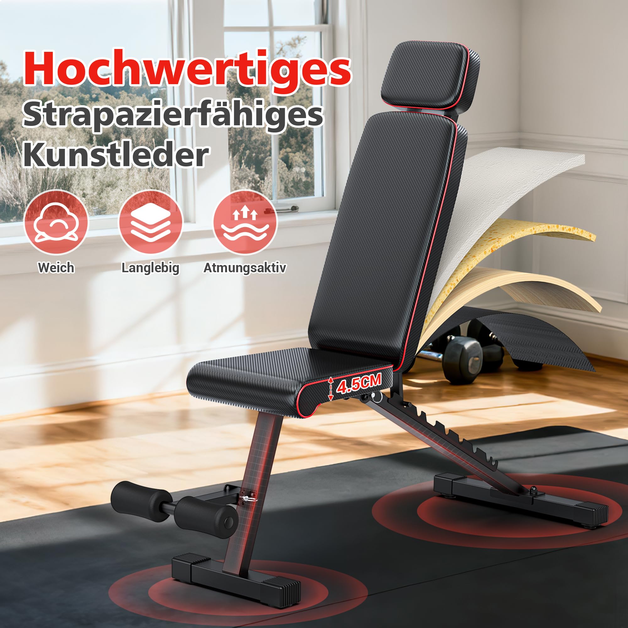 XDDIAS Hantelbank, 10-fach verstellbare Trainingsbank mit verlängerte Kopfstütze, klappbare bis 360 kg, Schräg-, Flach- & Negativbank für Heimfitness, kompakte Fitnessbank für kleines Zuhause