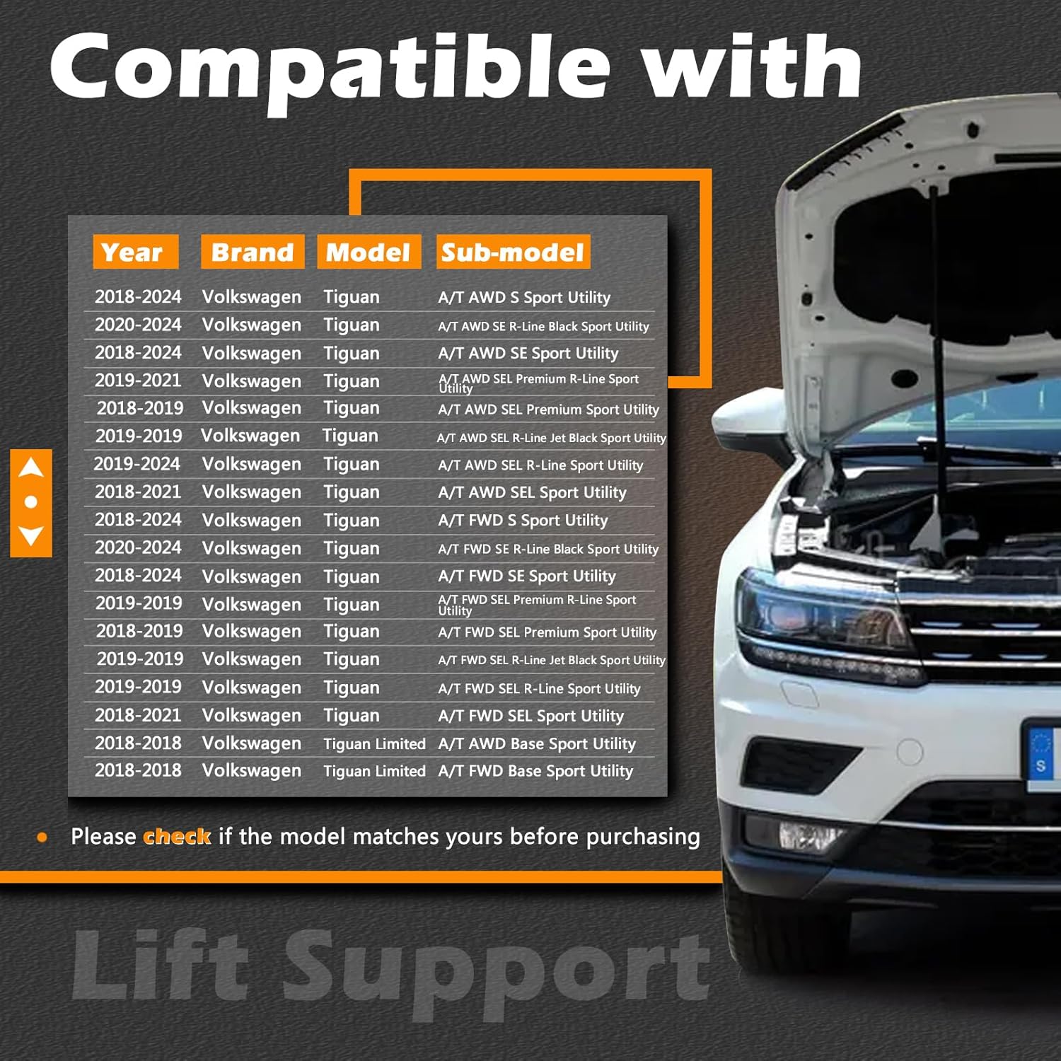 27.18 in 2 PCS Hood Lift Support Struts Gas Spring Shocks Rod Compatible with Volkswagen 2018-2021 Tiguan Replaces # 5NA823359B 5NA823359A (Note : Body Code AD1 / BT1)