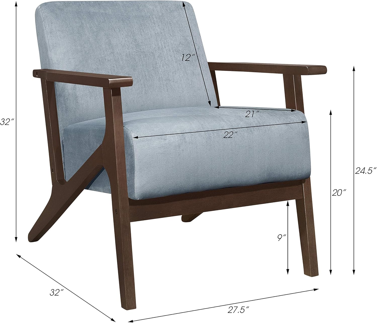 Lexicon New Castle Velvet Accent Chair, 27.5" W, Blue Gray