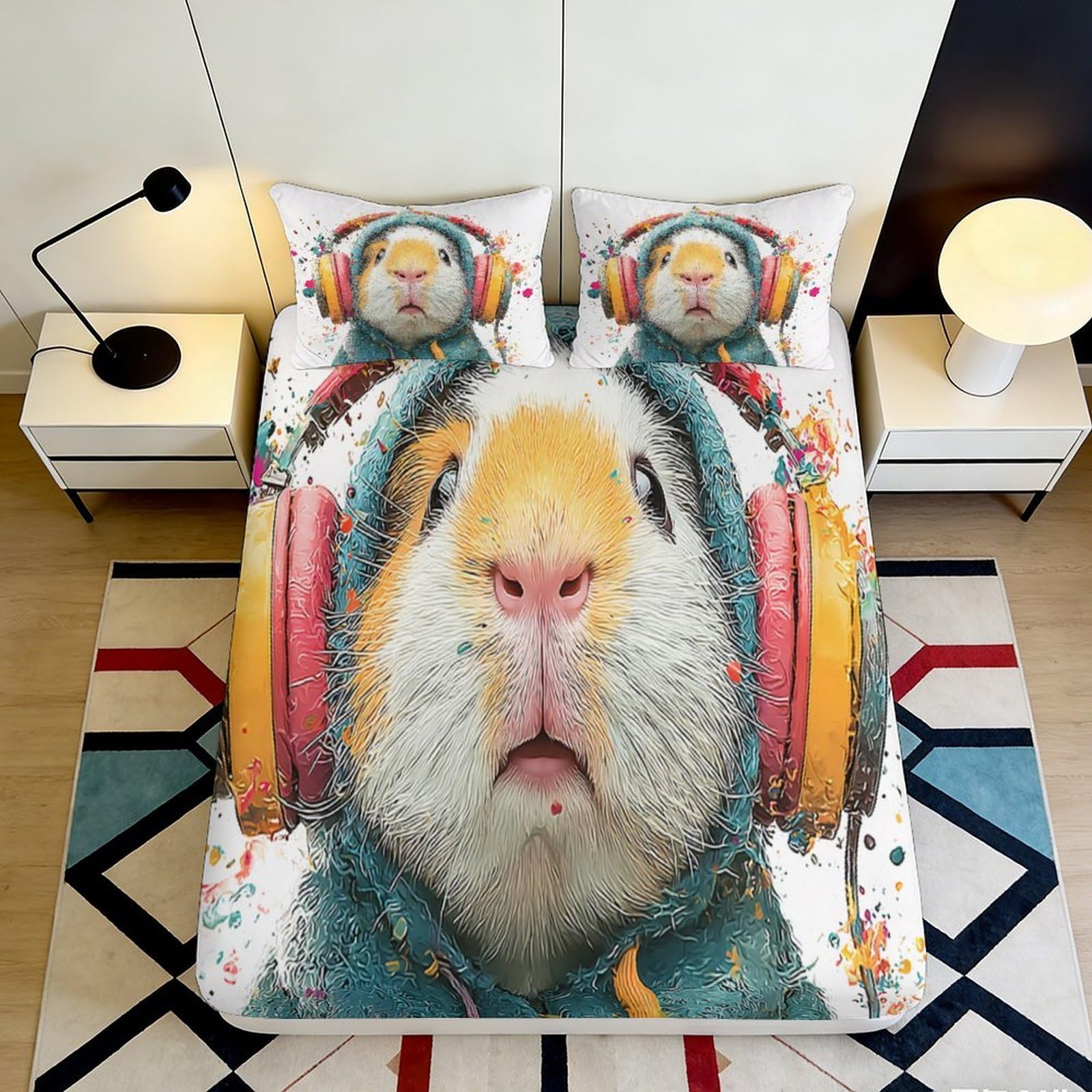 3D Printed Headphone Guinea Pig Fitted Sheet Microfiber Soft Anti-Slip Bed Cover for Bedroom Dorm Decor 90x200x25cm
