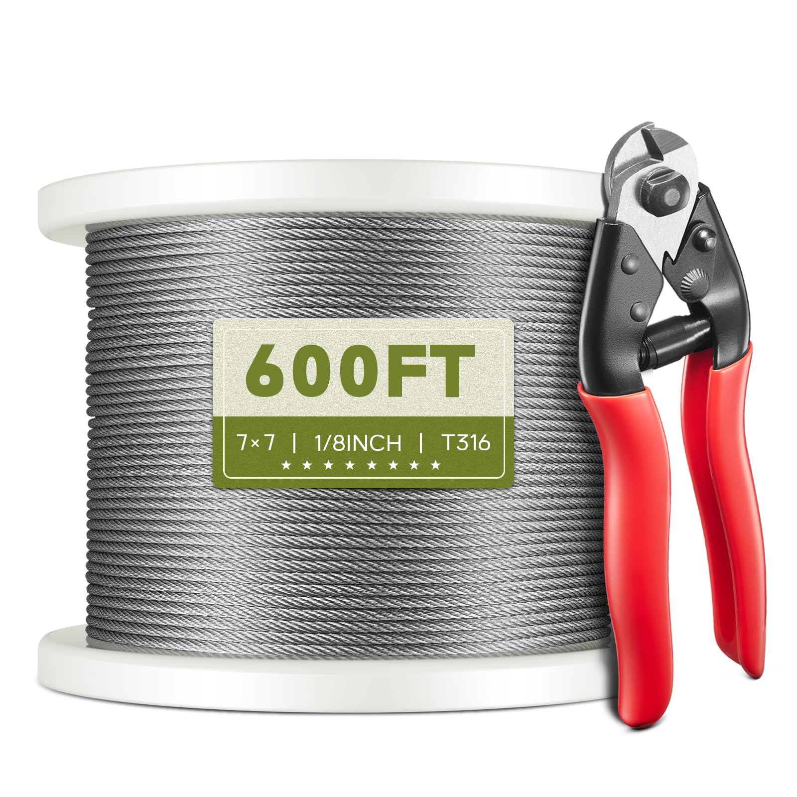 Photo 1 of KALLSDY 1000FT 1/8" T316 Stainless Steel Cable, Wire Rope Aircraft Cable for Deck Cable Railing Kit and DIY Balustrades, 7x7 Strands Construction, Comes with a Cutter