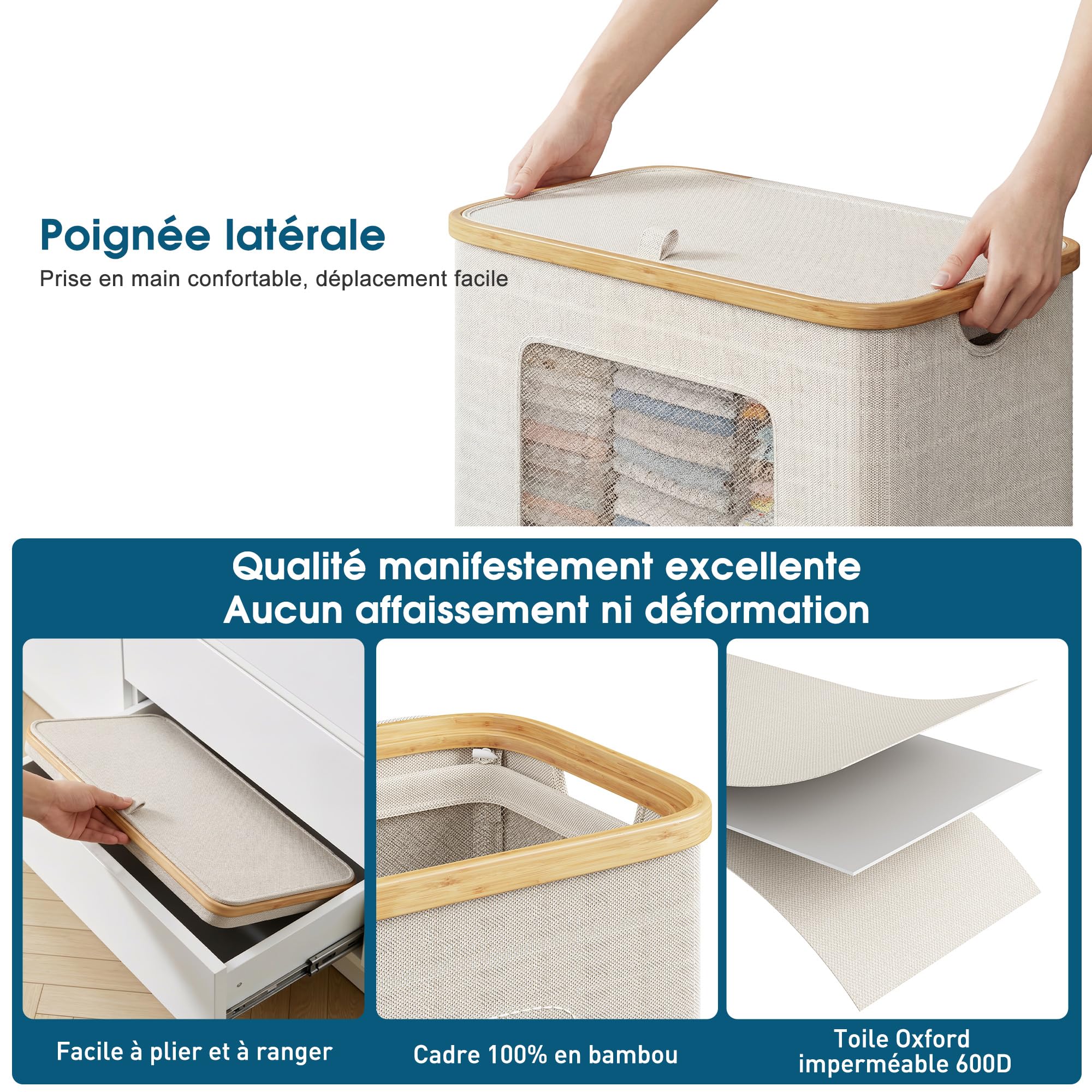 Panier à Linge 2 Compartiments avec Couvercle 140L, en Cadr Bambou & Tissu Oxford 600D Étanche, panier linge sale avec Sacs Intérieurs Amovibles, parfait pour la Buanderie, la Chambre, Beige