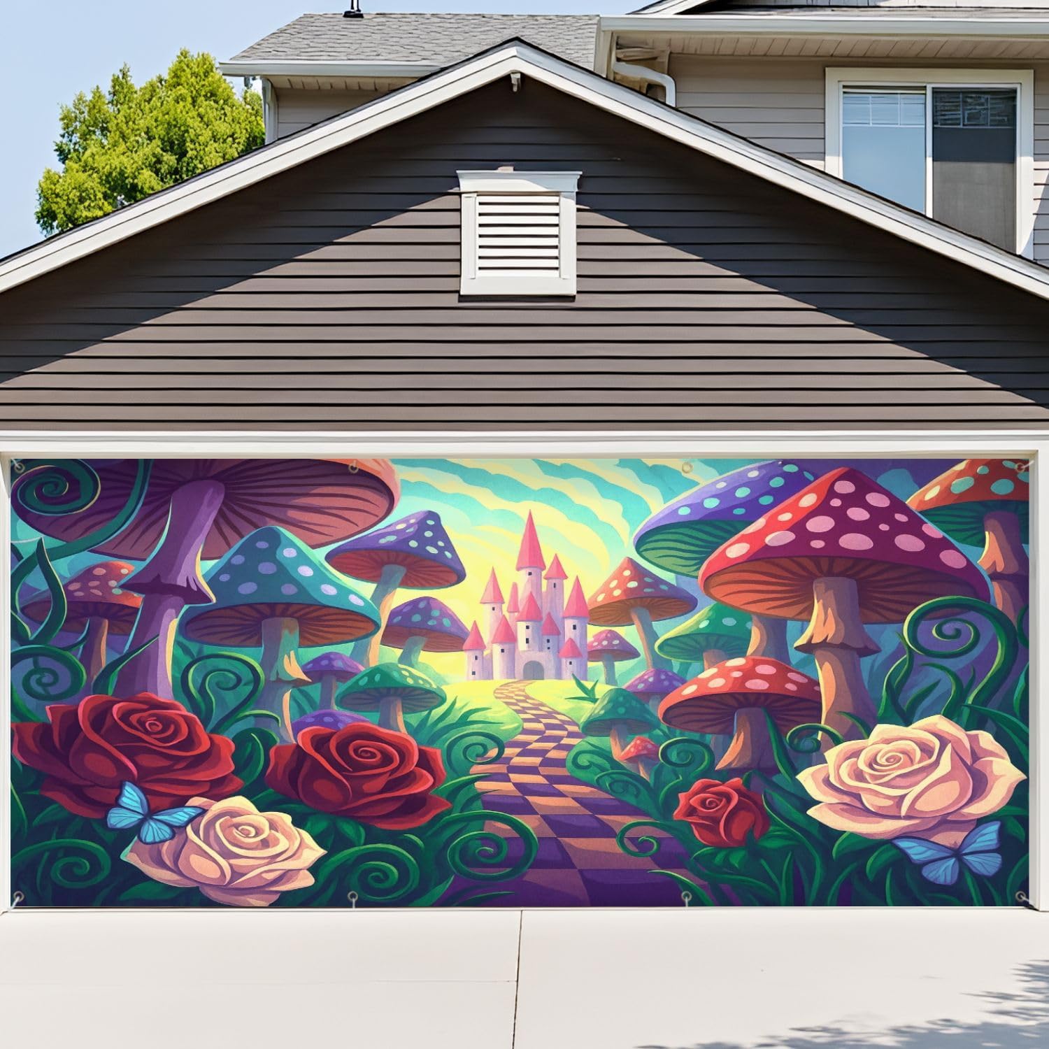 6x13ft Garage Door Banner Fantastic Landscape Mushrooms Beautiful Old Castle red White Roses Garage Door Cover Decorations Polyester Door Mural Backdrop for Outdoor Indoor Party Background Decor