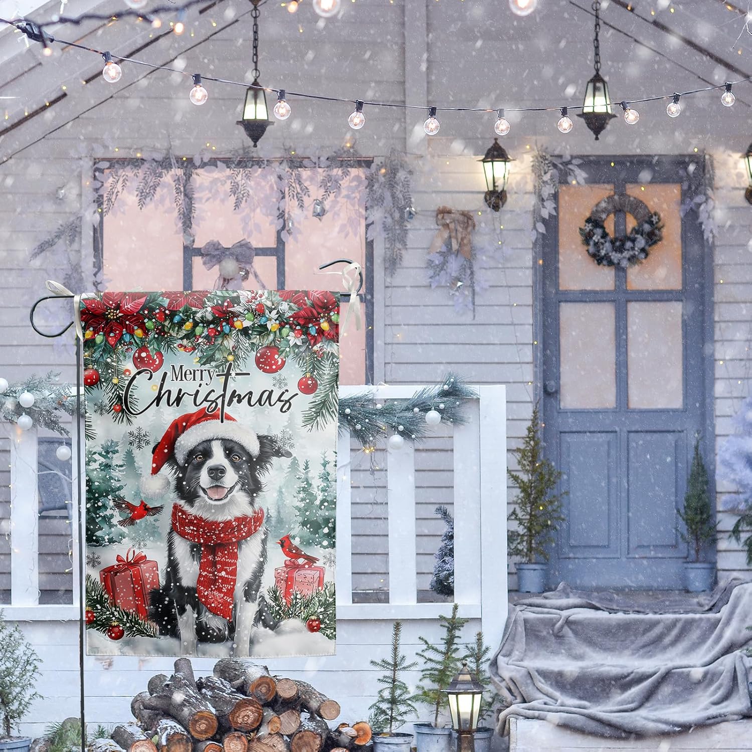 Winter Border Collie Garden Flag 12x18 Inch, Merry Christmas Cute Dog Santa Hat Decorative Yard Flag Double Sided Vertical Banner for Farmhouse Home Outside Lawn Porch Decor - Image 6