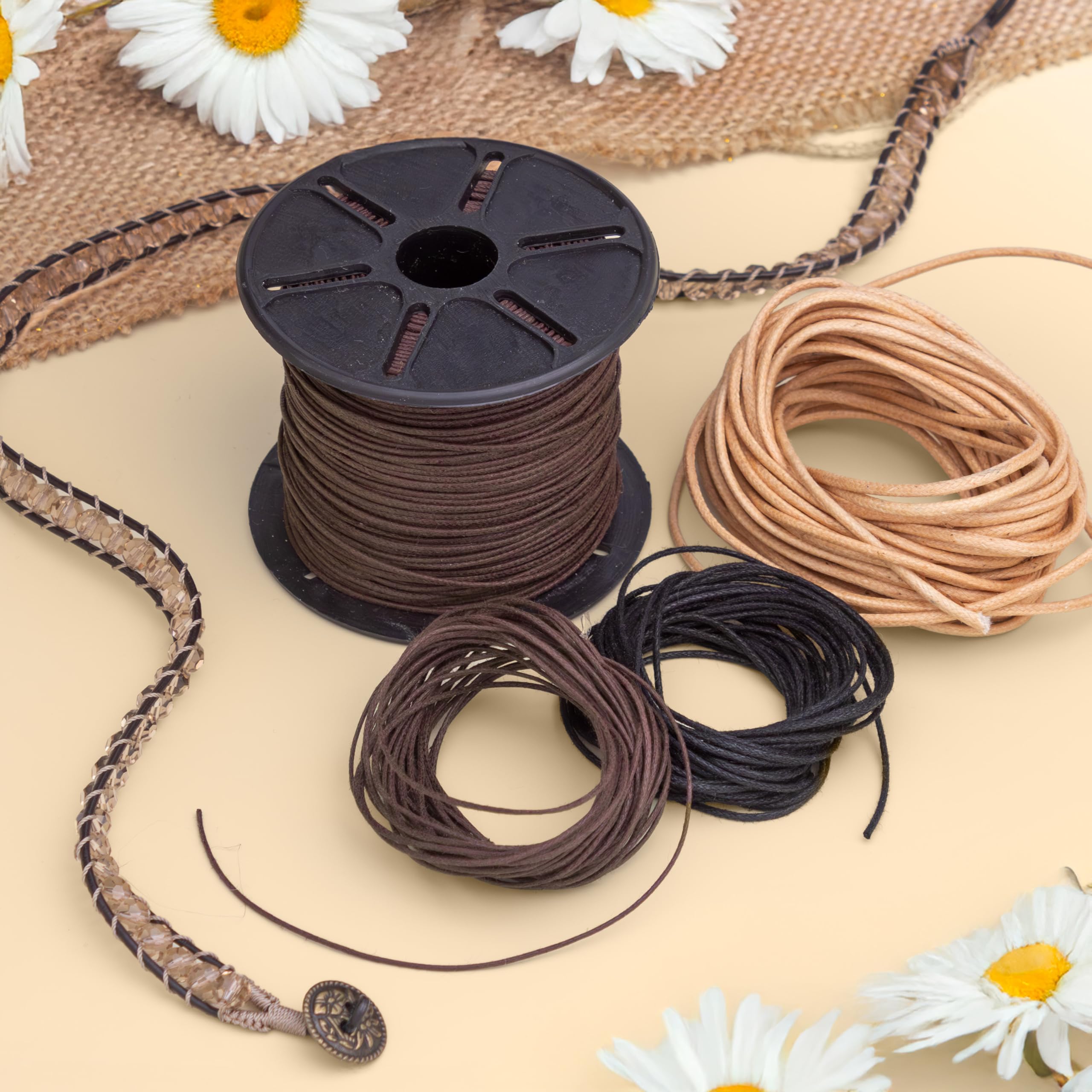 The Beadsmith Cordoncino in cotone cerato, nero, bobina da 100 metri, spessore 2 mm, corda resistente per la creazione di gioielli e macramè, made in India