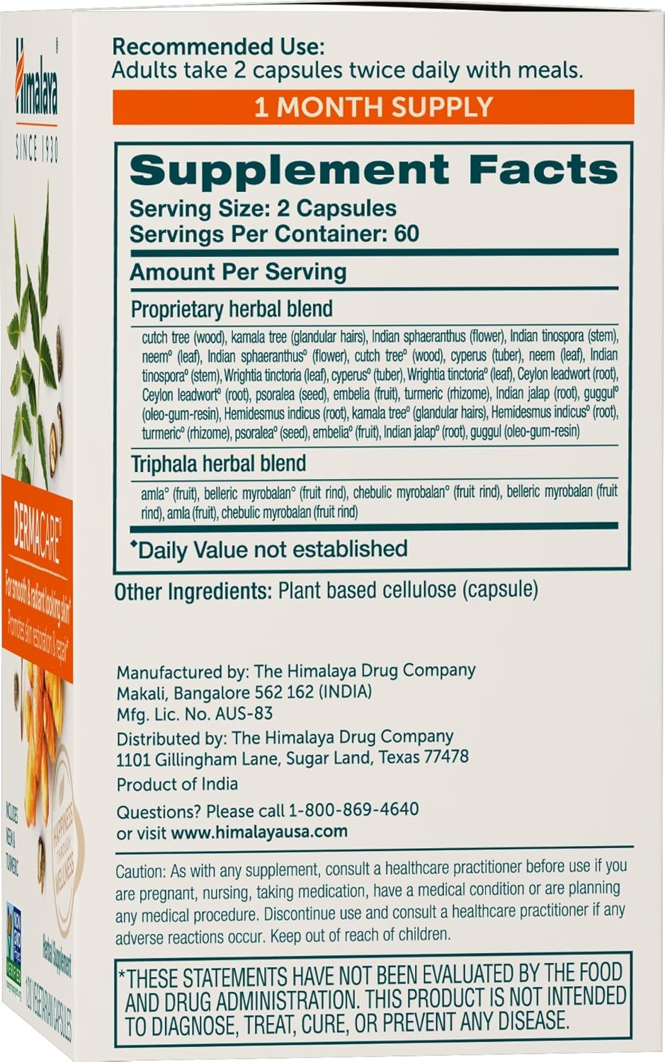 Himalaya DermaCare with Neem for Clear Skin and Mild Acne 560 mg, 120 Capsules, 1 Month Supply : Health & Household
