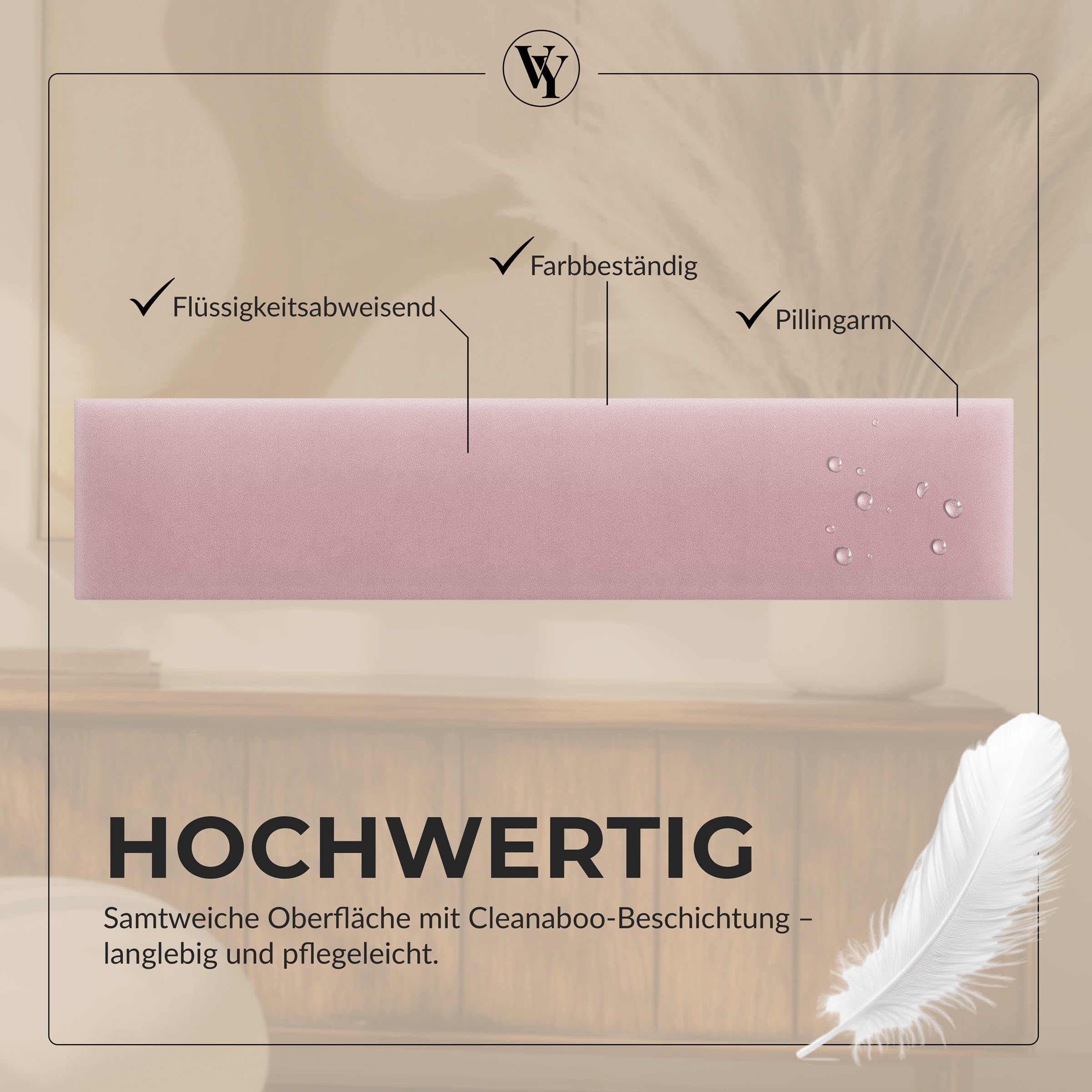 Wandpolster Wandkissen Rechteck – Samt, Polsterplatte 90 x 30 cm, Polsterpaneele, Oeko-TEX, Made in EU, Rosa M08