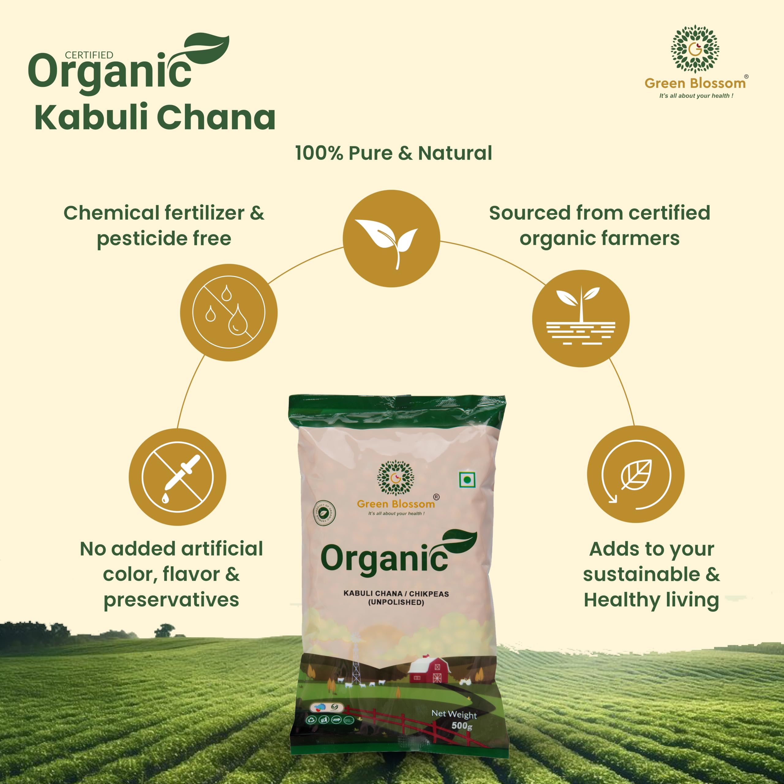 Green Blossom Organic Kabuli chana/Begalgram whole - 2.5 Kg Unpolished 100% Vegan (500g Pack Of 5) 3