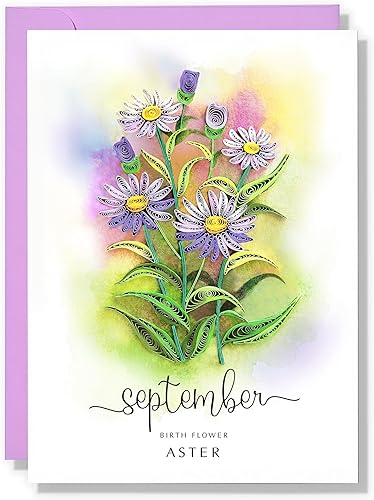 Tarjeta de cumpleaños de flores, tarjeta de Aster Quilling, tarjeta de 5 x 7 pulgadas para mujeres nacidas en septiembre, tarjeta de flores del mes