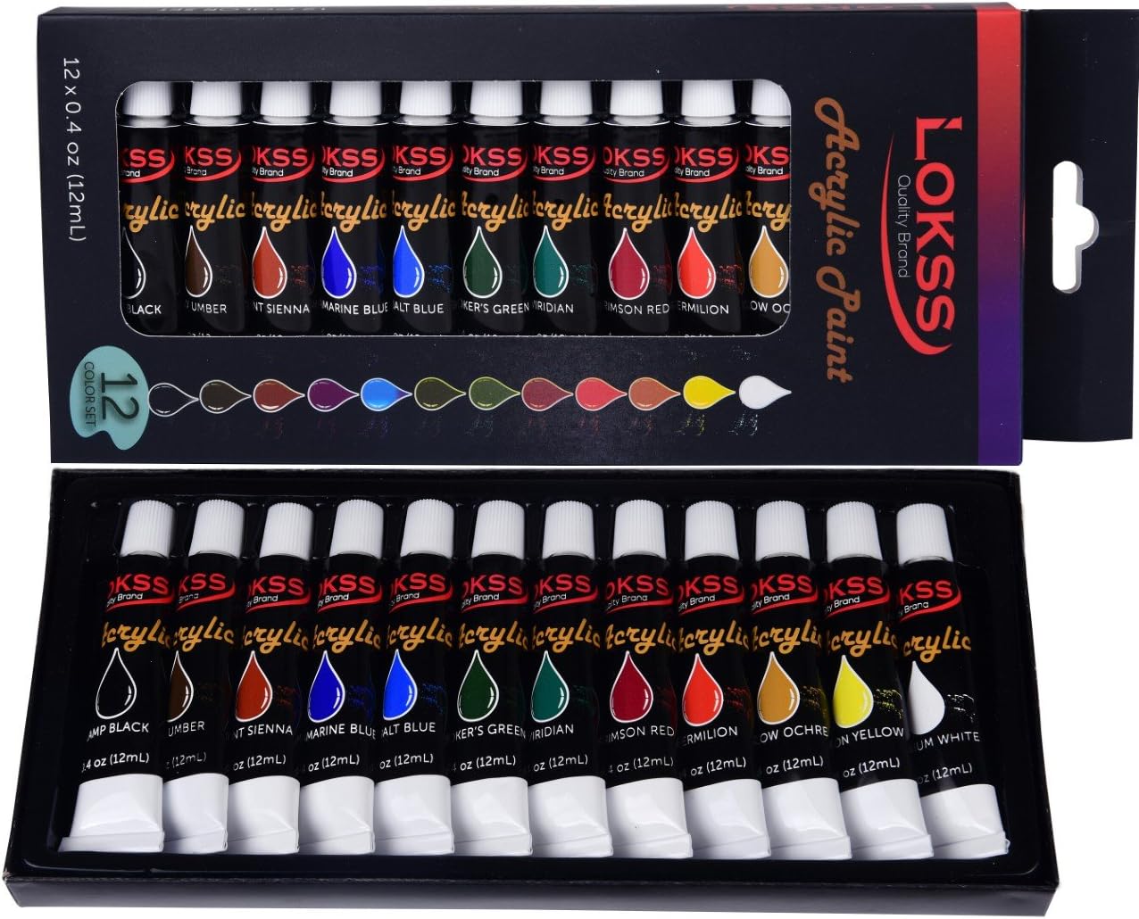 Lokss Acrylic Paint Set - 12 Colors - Artist Quality & Non Toxic - Vivid Colors & Easy To Blend. Good Coverage On Paper, Canvas, Wood, Clay, Ceramic Or Fabric. Perfect For Beginners, Students & Artist