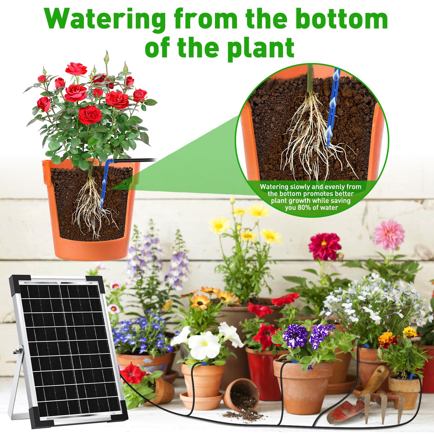 Onherm Kit Sistema de Riego por Goteo Automático Solar para Maceta, Manguera de 30 Metros para 1-30 Plantas en Macetas, 300 Modos de Temporizador, pare Jardín, Balcón y Huerta