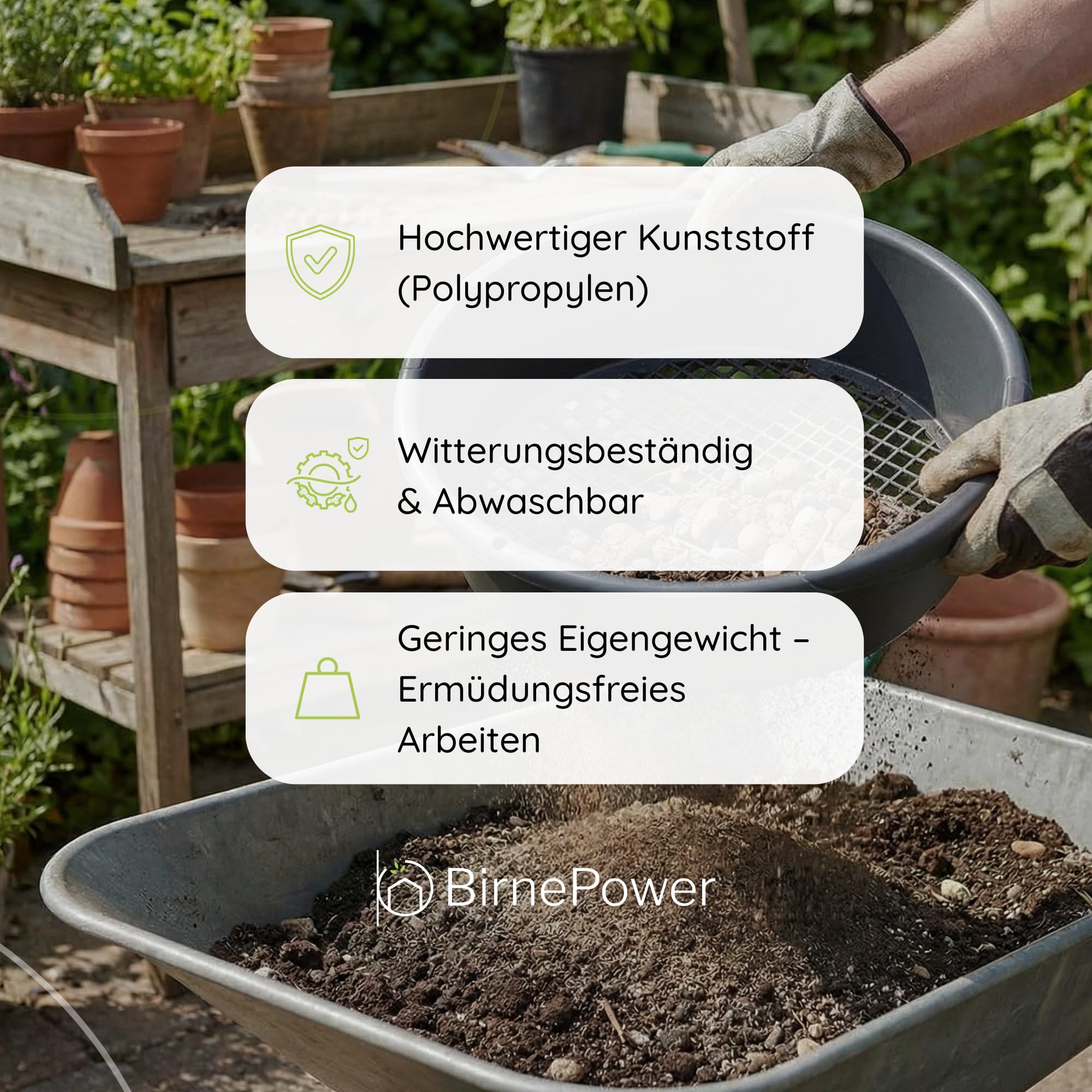 BirnePower Tamis de Jardin Rond ISIO370 avec Mailles 4-10mm, Passe-Partout pour Terre et Compost, Crible à Sable Robuste, Outil Pratique, Ø 37cm