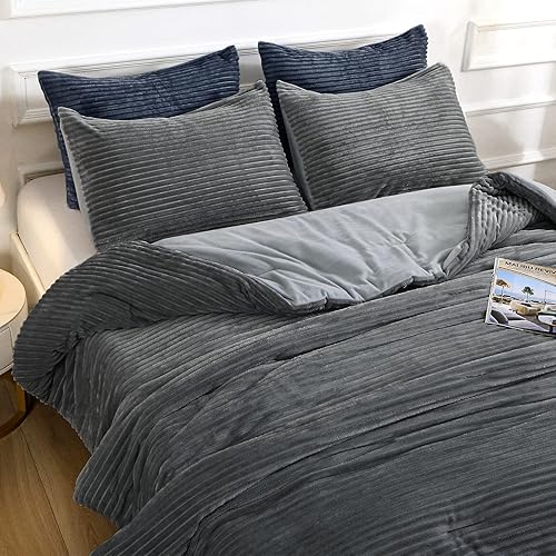 Miniatura 1 de HEVUMYI Juego de edredón de terciopelo tamaño matrimonial de 3 piezas, edredón de forro polar hipoalergénico con relleno alternativo de plumón,