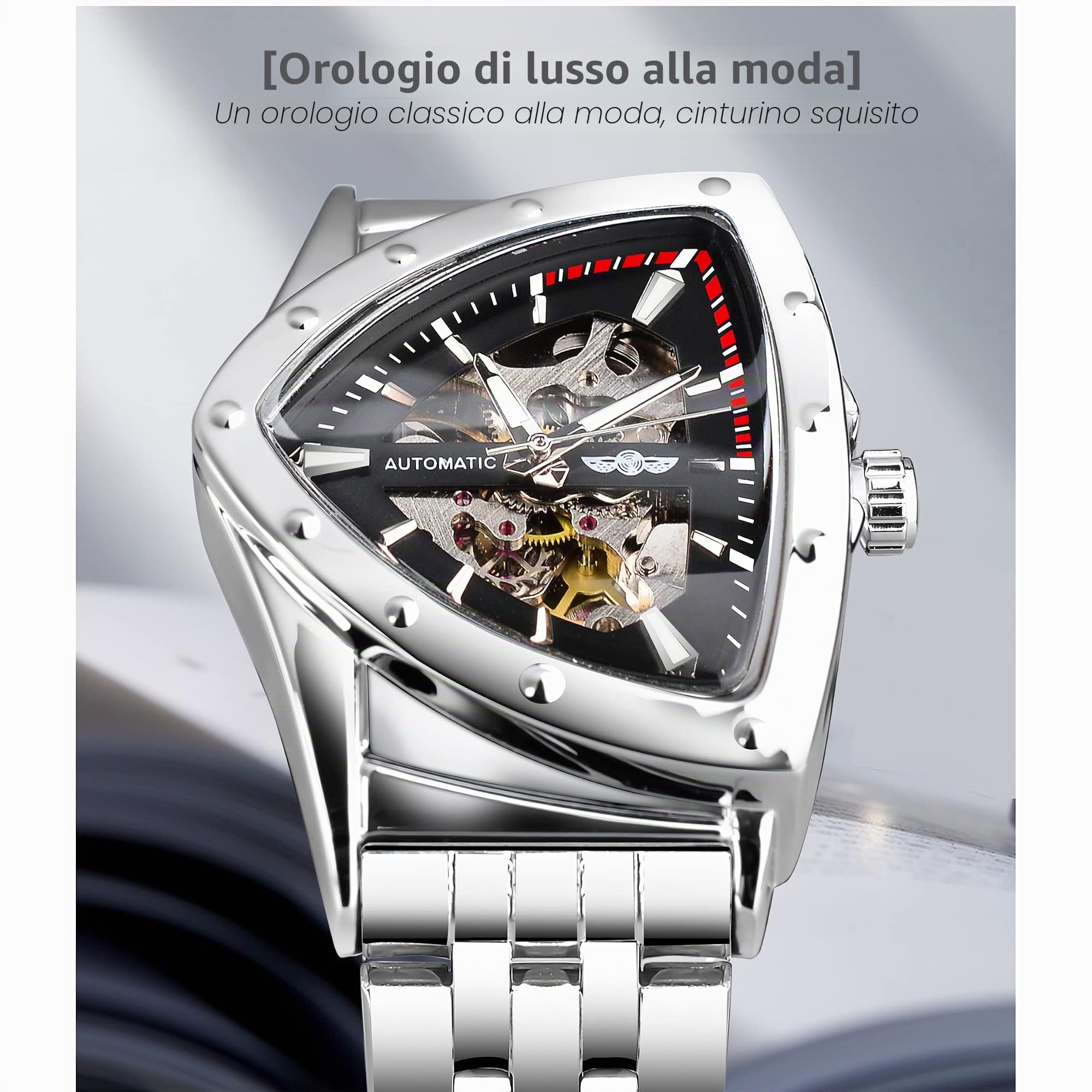 FORSINING Orologio da uomo scheletrato meccanico automatico con quadrante triangolare, luminoso, a carica automatica, cinturino in acciaio inox o morbido cinturino in silicone