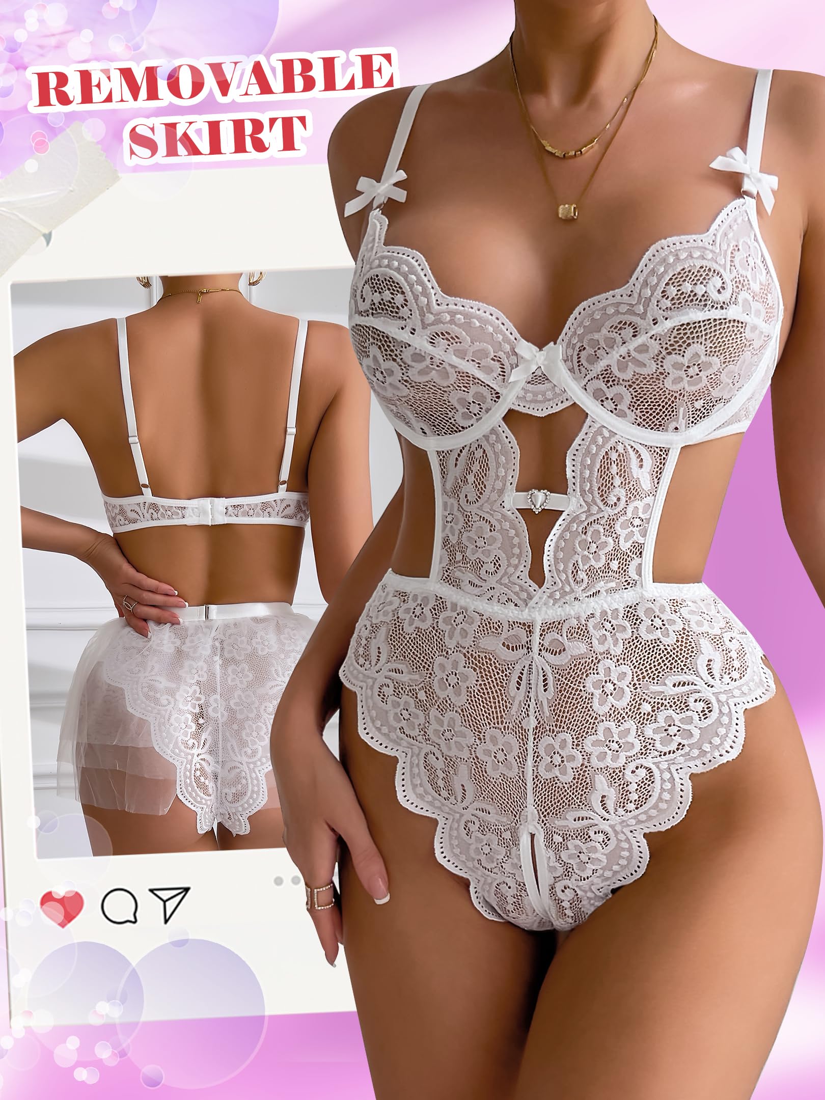 Dlsave Women Sexy Lingerie Set Lace Teddy Lingerie Detachable Mini Skirt Sets