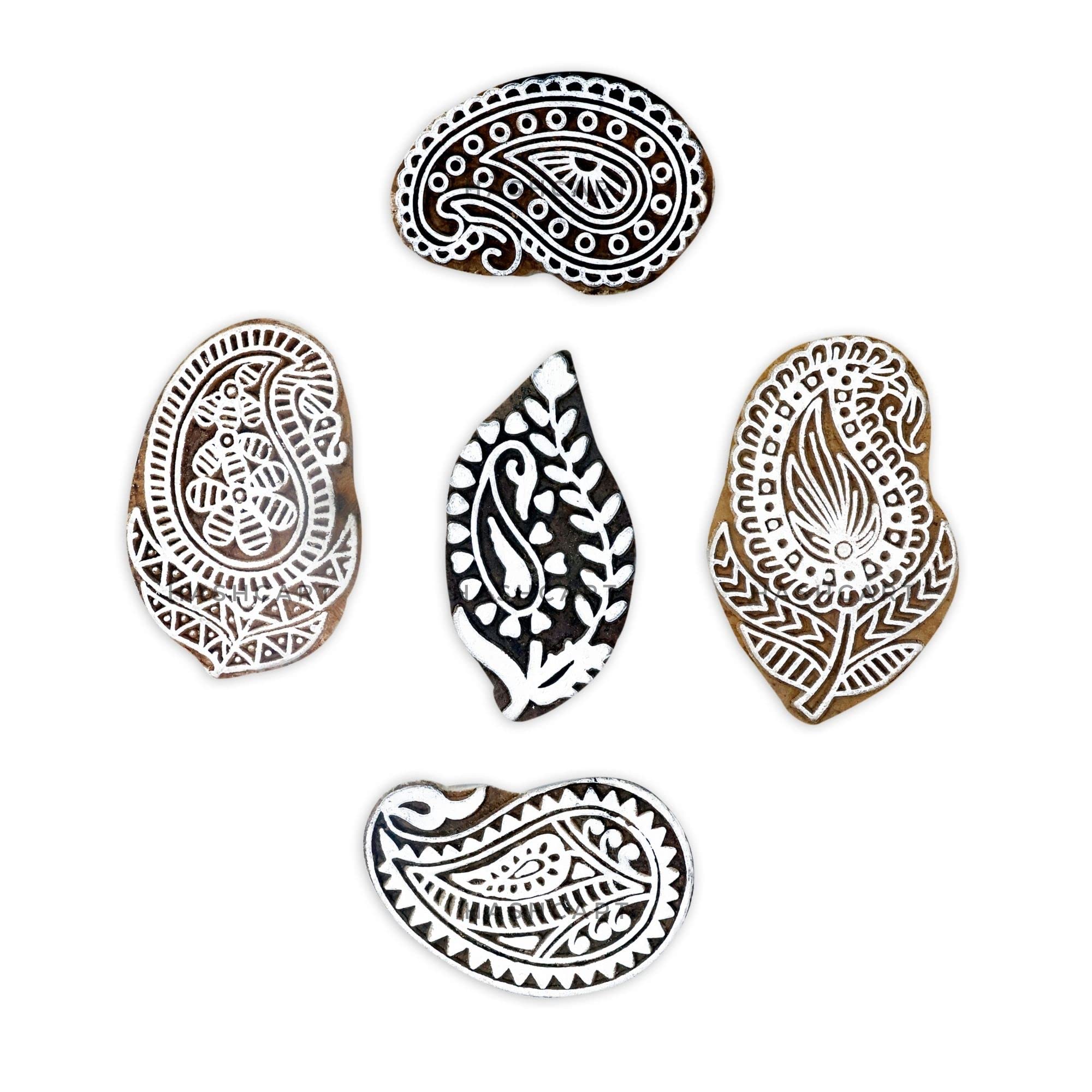 Wooden Printing Stamp Paisley Designs Wood Pottery Block Handmade Wood Printing Stamps for Kids' Art Projects Textiles Fabric Clay Henna Tattoo [ Set of 5 ] HASHCART®