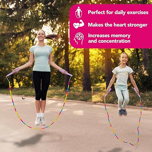 Miniatura 4 de ArtCreativity Cuerda de saltar con cuentas para niños, paquete de 2 cuerdas de saltar coloridas con asas de color rosa brillante, divertidas cuerdas