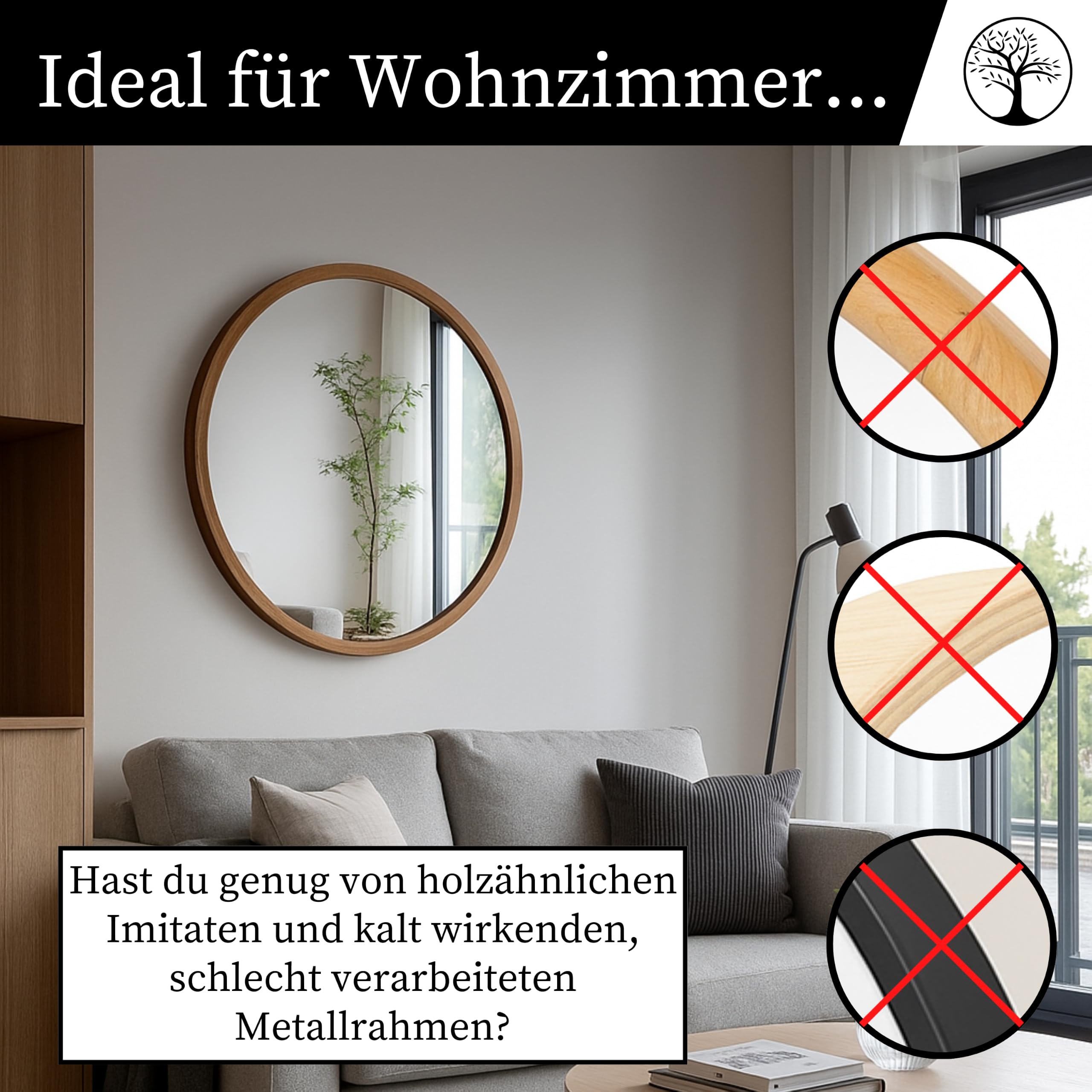 Wandspiegel mit Holzrahmen (∅57 cm) - Spiegel Rund Holz Rustikal - Runder Bad Spiegel für Badezimmer, Flur, Wohnzimmer, Schlafzimmer - Stilvoller 60 cm Badspiegel LEJA