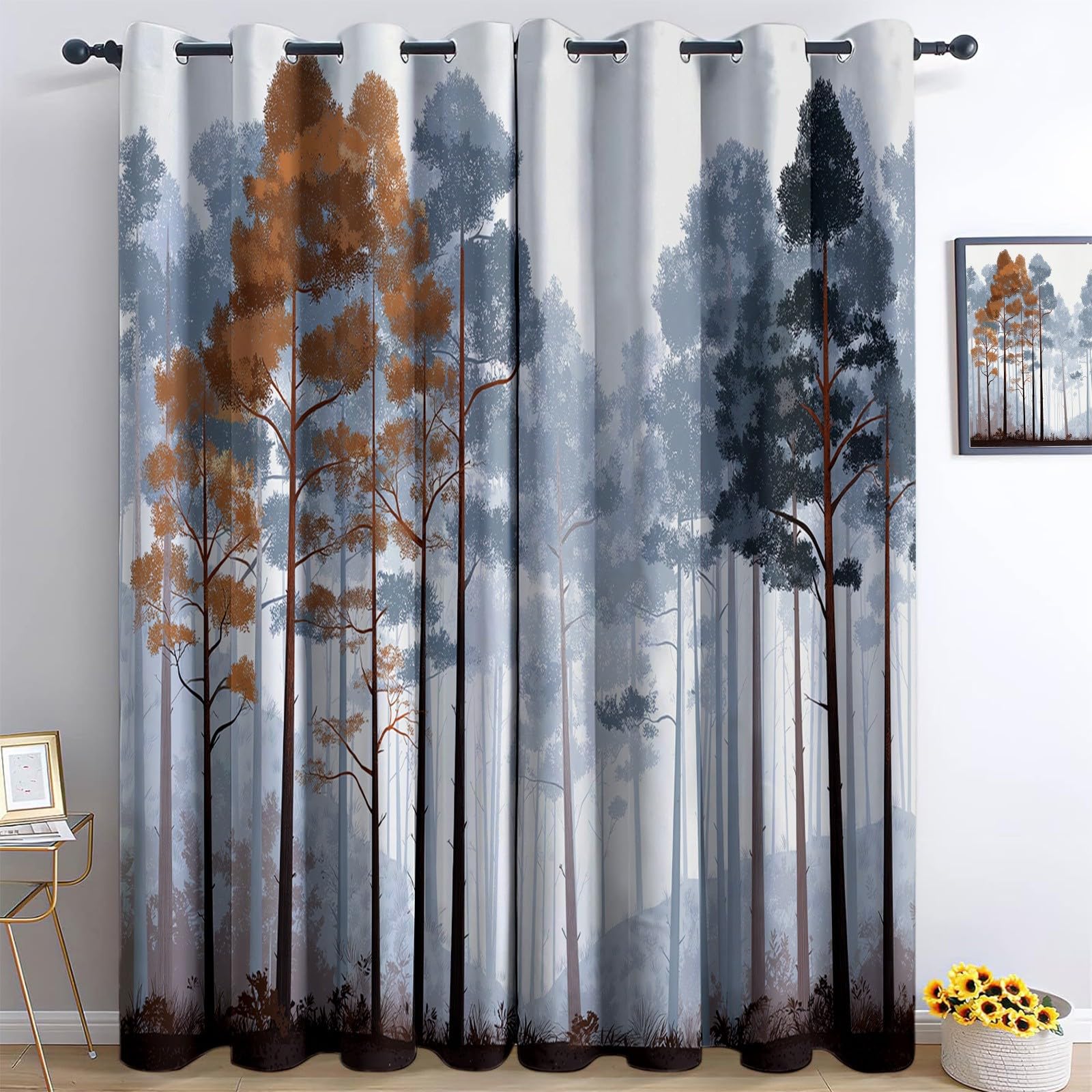 Cortinas Opacas Viento Natural 100% Opacas 140 An X 245 Al Cm 2 Paneles, Cortinas Ojales Minimalismo Bosque Plantascortina Térmica Protección Contra El Fríopara Niños Dormitorio Cocina Cafeteríagris