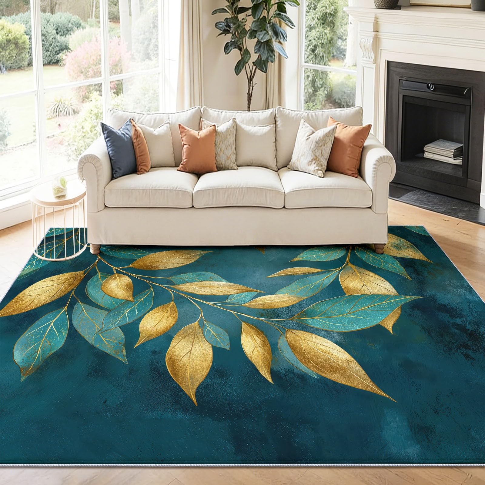 Dywan z roślinami, 160 x 230 cm, zielone liście, gałązki, można prać w pralce, duży dywan do salonu, antypoślizgowy, miękki, niski runo, do sypialni i jadalni, trwały wystrój domu