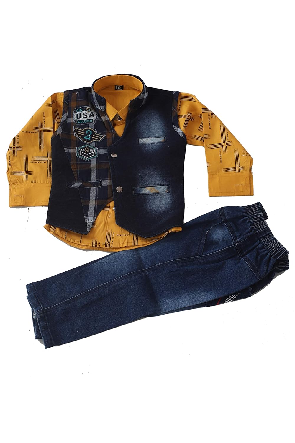 V Kids Ethnic Wear 3 Piece Suit Set with Designer Shirt, Jeans and Jacket for Boys/Kids (Musturd, 0-16 Months)