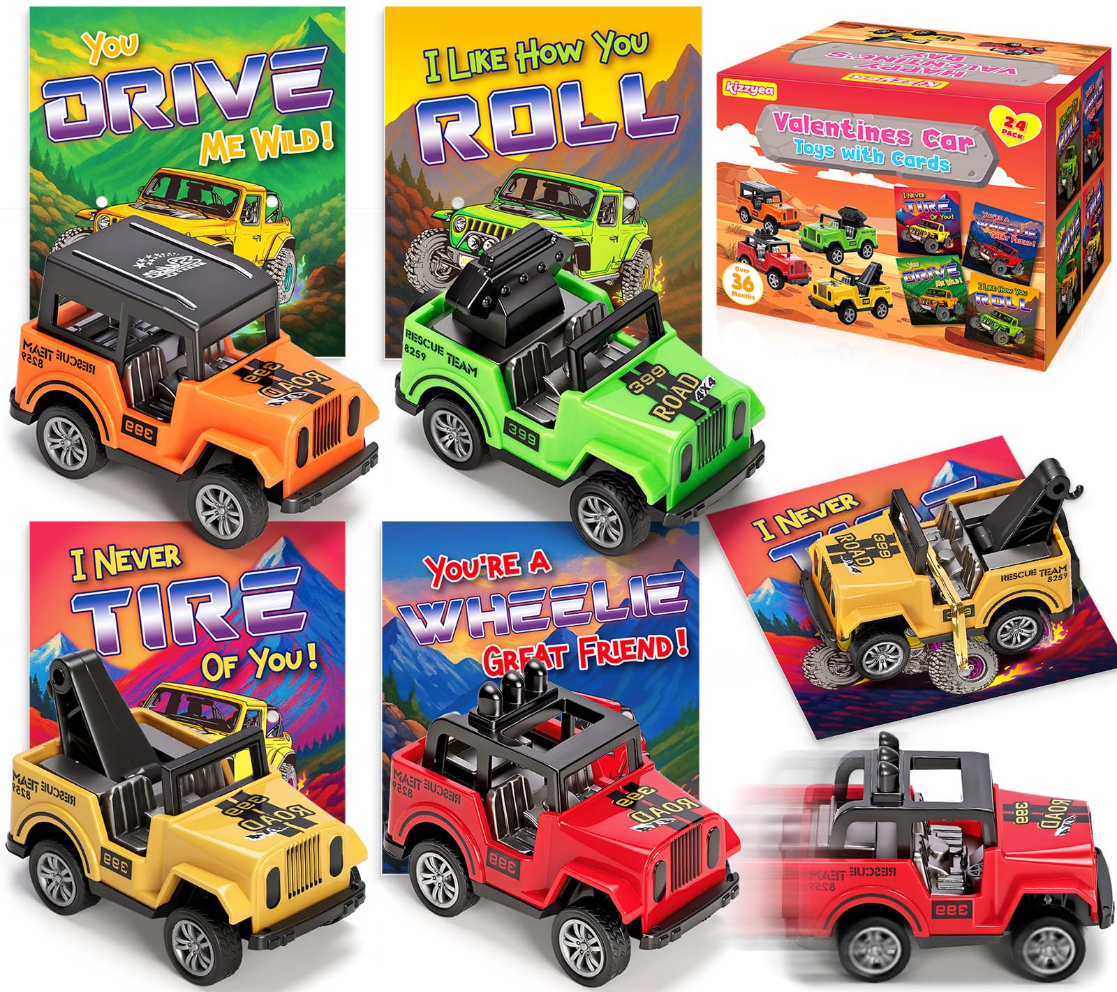 Valentines Party Favors, 24 Pack Valentines Day Cards for Kids School with Pull Back Car Toys, Valentines Day Gifts for Kids, Off-Road Vehicle Cars for Valentine's Classroom Exchange for Boys Girls