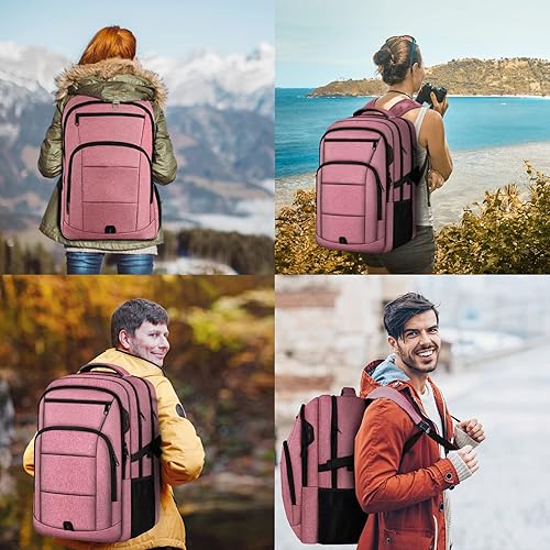 Miniatura 7 de Mochila de viaje grande, mochila grande para laptop de 17 pulgadas para hombres y mujeres con puerto de carga USB, Rosado, Rosa clásico