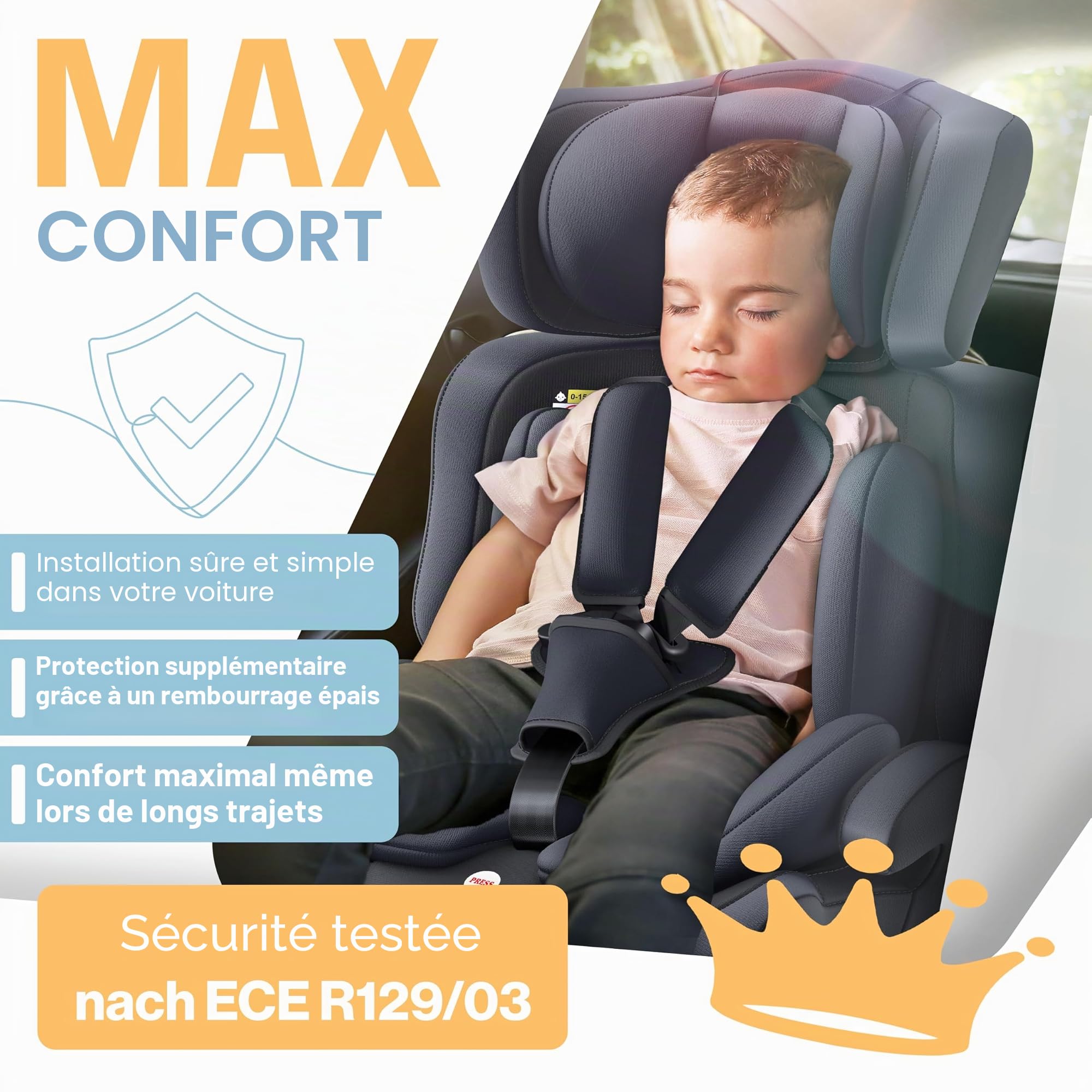 KIDIZ® i-Size R129 Siège auto pour enfant de 100 à 150 cm jusqu'à 12 ans, groupe 1/2/3 sans Isofix, siège enfant qui grandit avec le temps, ceinture 5 points et appuie-tête réglable en hauteur