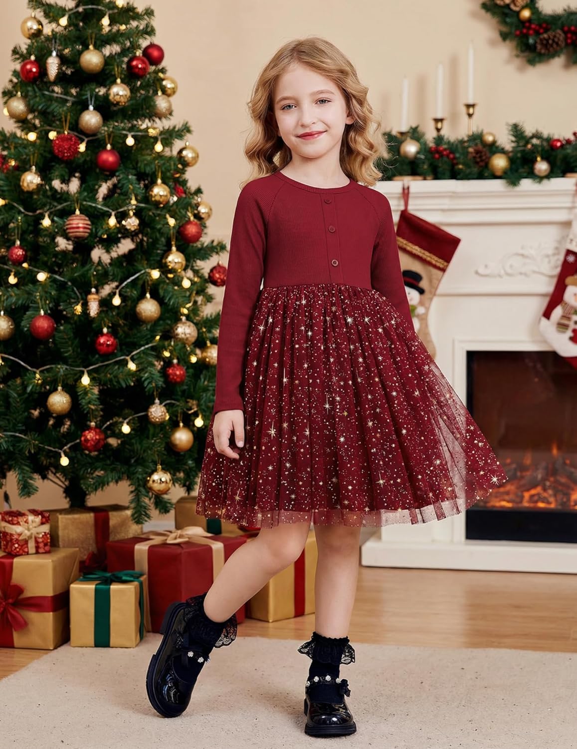 Arshiner Toddler Girls Tutu Dress Long Sleeve Fall Winter Button Front Party Tulle Dresses 2-8Y - Image 3