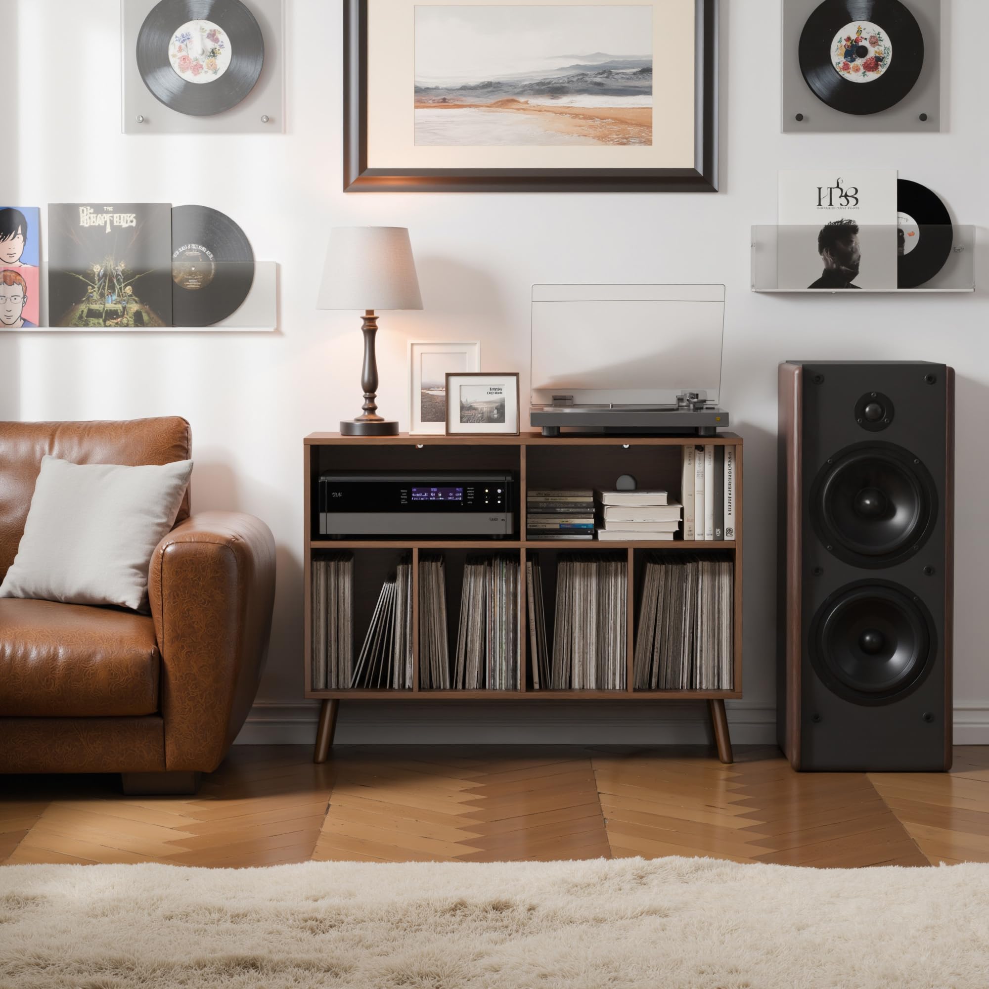 Plattenspieler-Ständer mit Schallplattenaufbewahrung, Vinyl-Plattenregal mit Präsentationsfläche, Schallplattenständer für bis zu 350 Alben, Musikzimmer und Wohnzimmer (Braun)