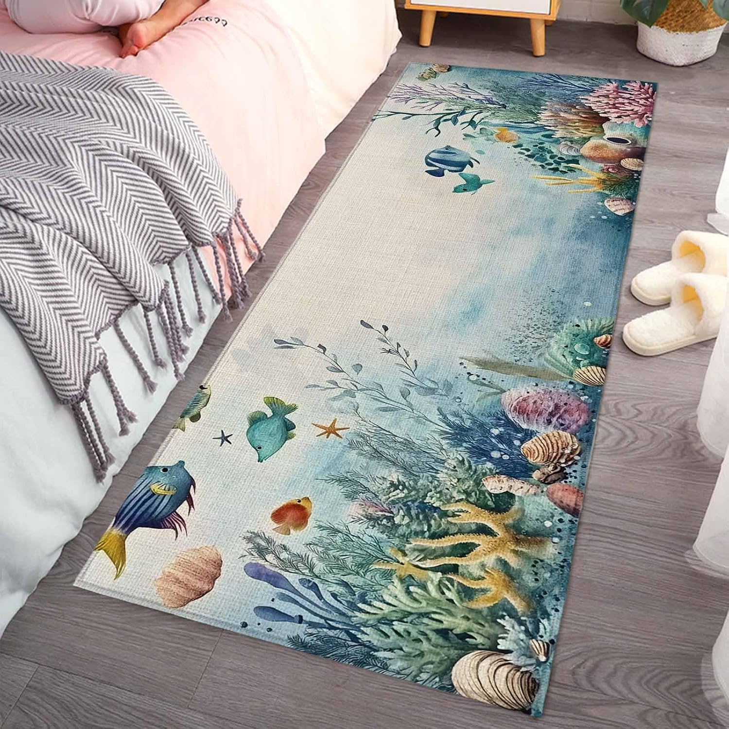 Kitchen Mats for Floor Cartoon Fish Summer Ocean Coral Washable Non Slip Kitchen Rugs 1PCS, Seaside Animal Linen Texture Absorbent Standing Mats for Sink Bathroom Office Living Room 15.7x47.2in