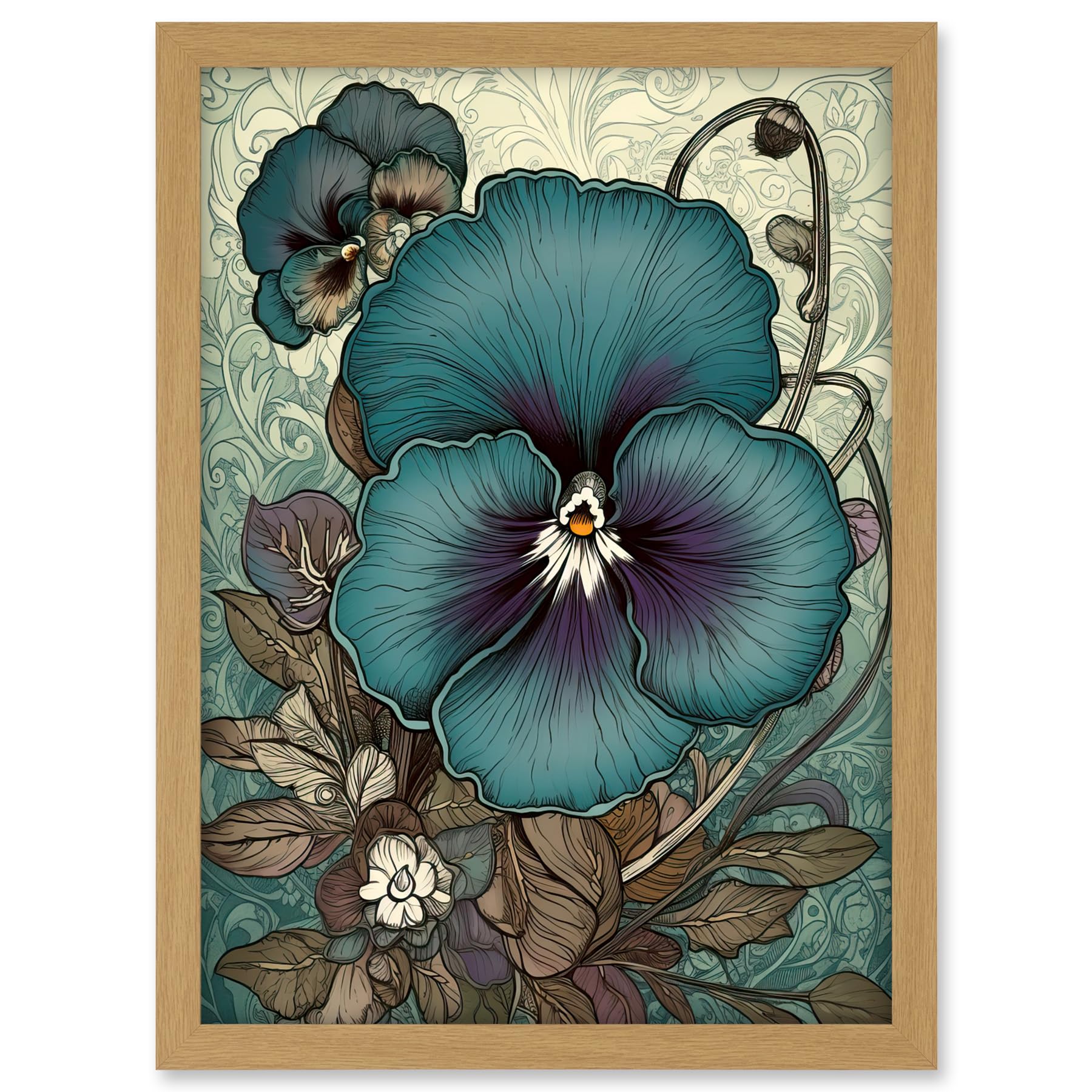Artery8 Blue and Purple Pansy Flower and Floral Patterns Artwork Framed A3 Wall Art Print