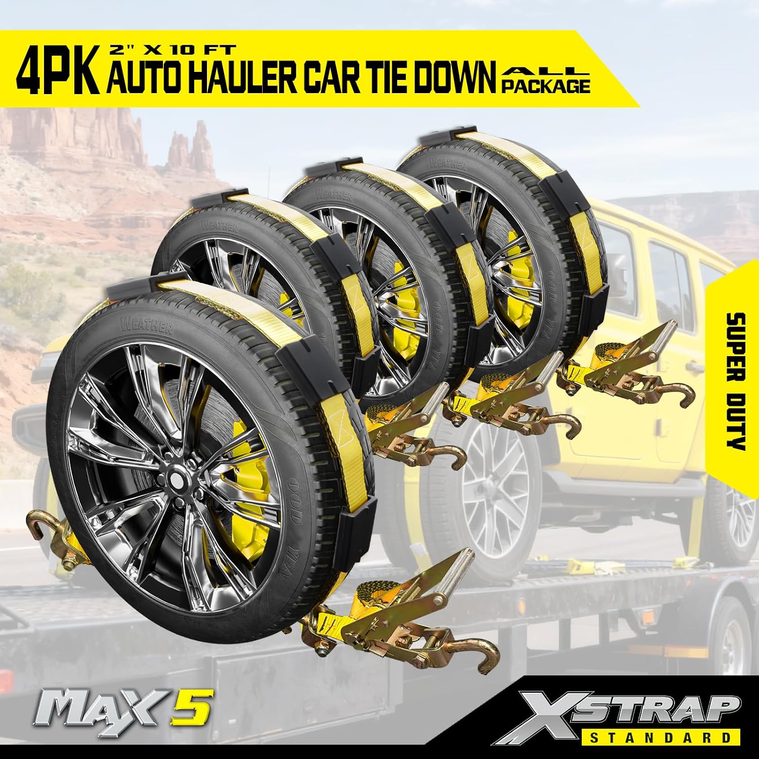 XSTRAP STANDARD Autohauler Car Tie Down - Rolling Idler Three Cleat - 120 Inch - 4 Pack - Classic Yellow - 3,300 Pound Safe Working Load
