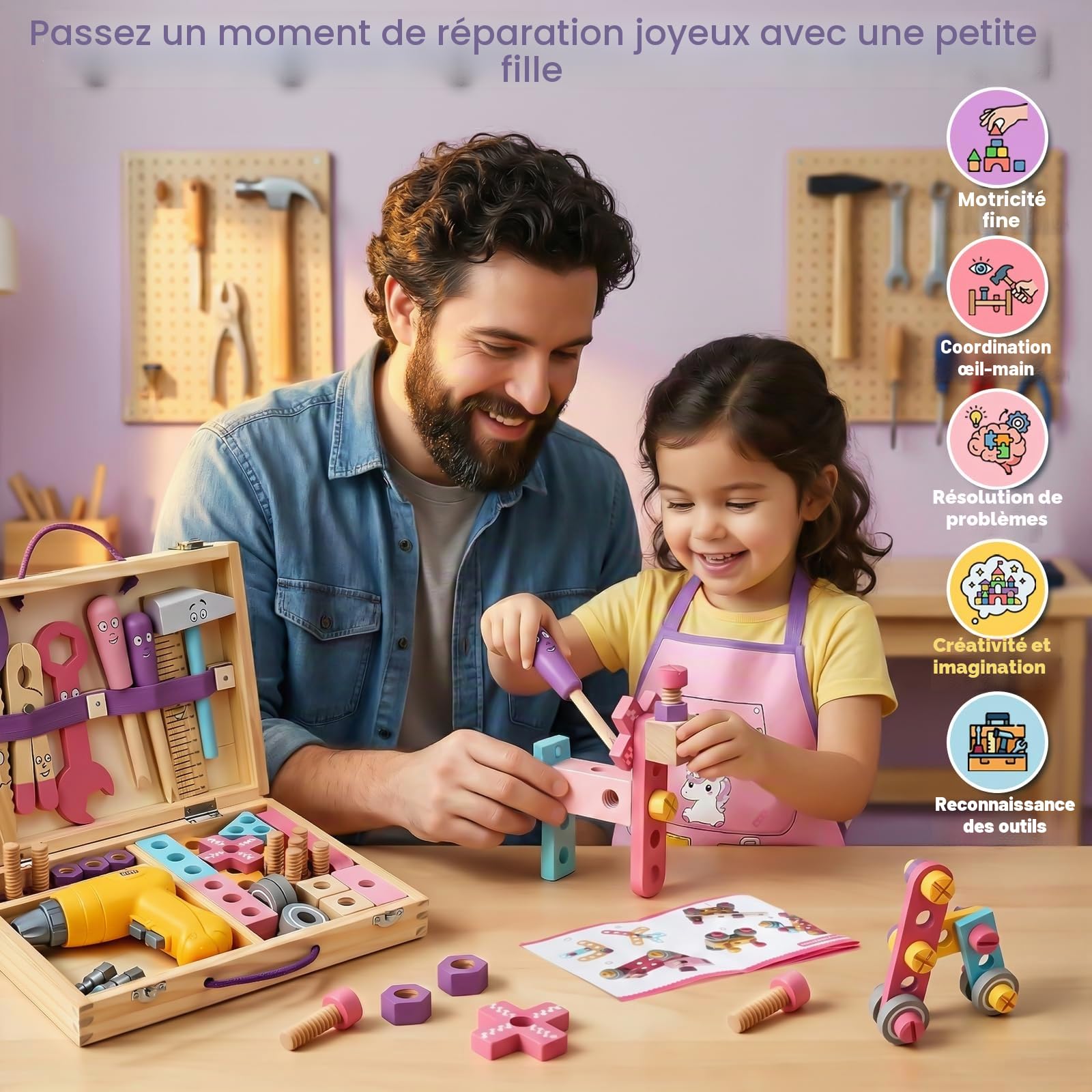 Jouet Enfant 3 ans, Jouet Fille 3 ans, Boite a Outils Enfant Montessori Jeux Enfants 3 ans, Jeux Fille 3 4 ans Bois Jouets avec Perceuse Tablier Bricolage Outils Cadeau Fille 3 4 5 ans Garçon (44 Pcs)