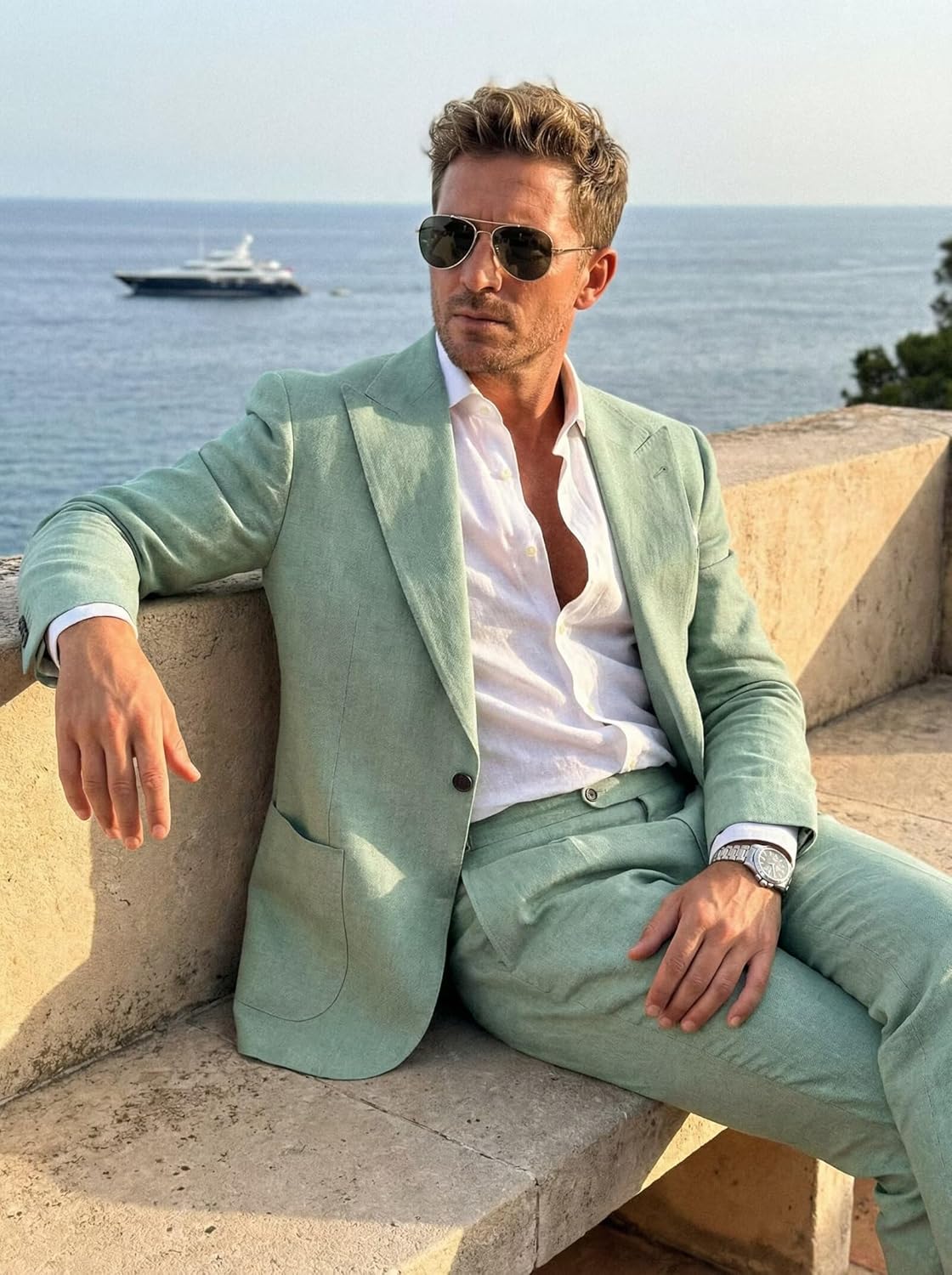 Retro Linen Men Suit 2 Piece Set Slim Fit Linen Men Suits Jacket Pants Sets Casual Tuxedo Blazer for Beach Wedding Prom - Image 6