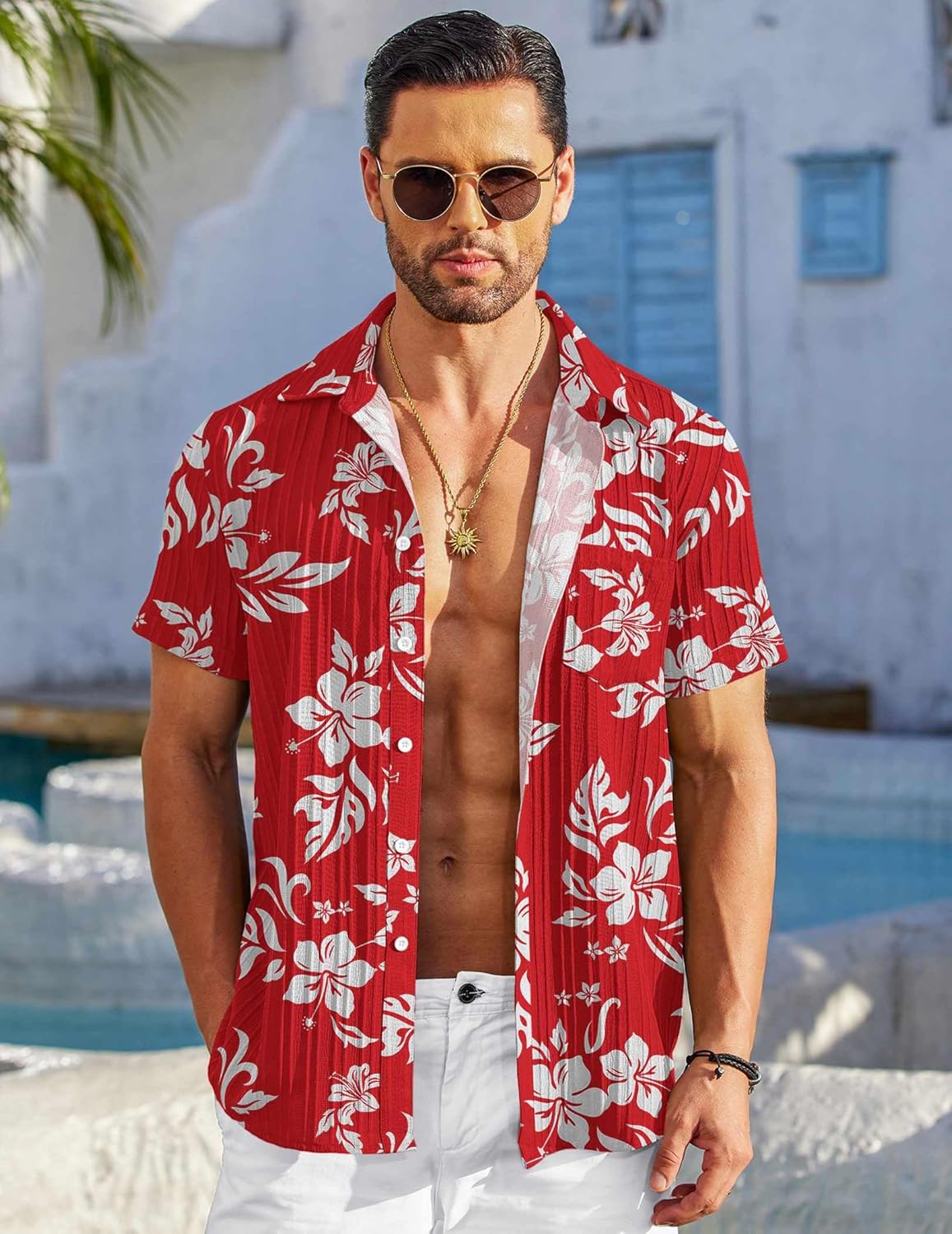 COOFANDY Men's Casual Button Down Shirts Short Sleeve Textured Summer Beach Shirt with Pocket - Image 2