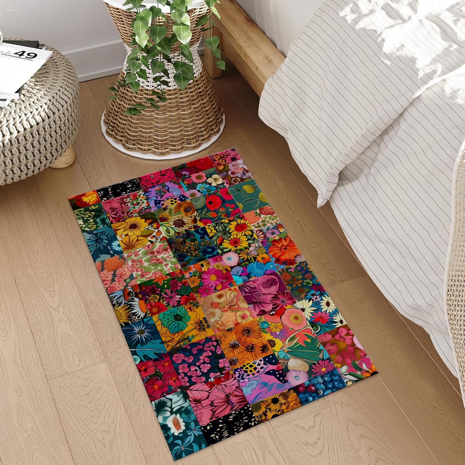 Patchwork Floral Pattern Indoor Door Mat, 17x29.5 Inch, Floor Area Rug for Entryway, Living Room, or Bathroom, Non-Slip Doormat, Multicolor Flower Home Decor Rug Gifts