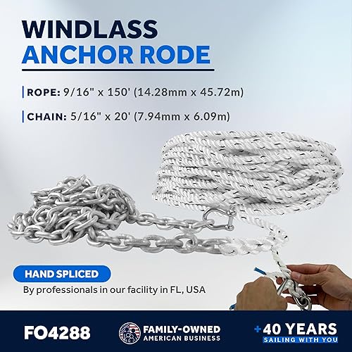 Miniatura 2 de Five Oceans Windlass - Cuerda de anclaje de nailon de 3 hebras con cadena calibrada HT G4 de acero inoxidable con grillete de acero inoxidable